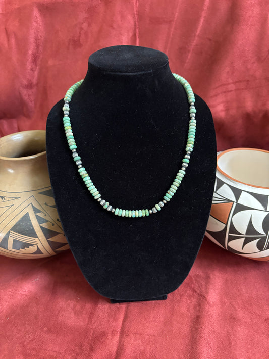 25” Green Ma-shan Turquoise Necklace with Mixed Silver Pearls