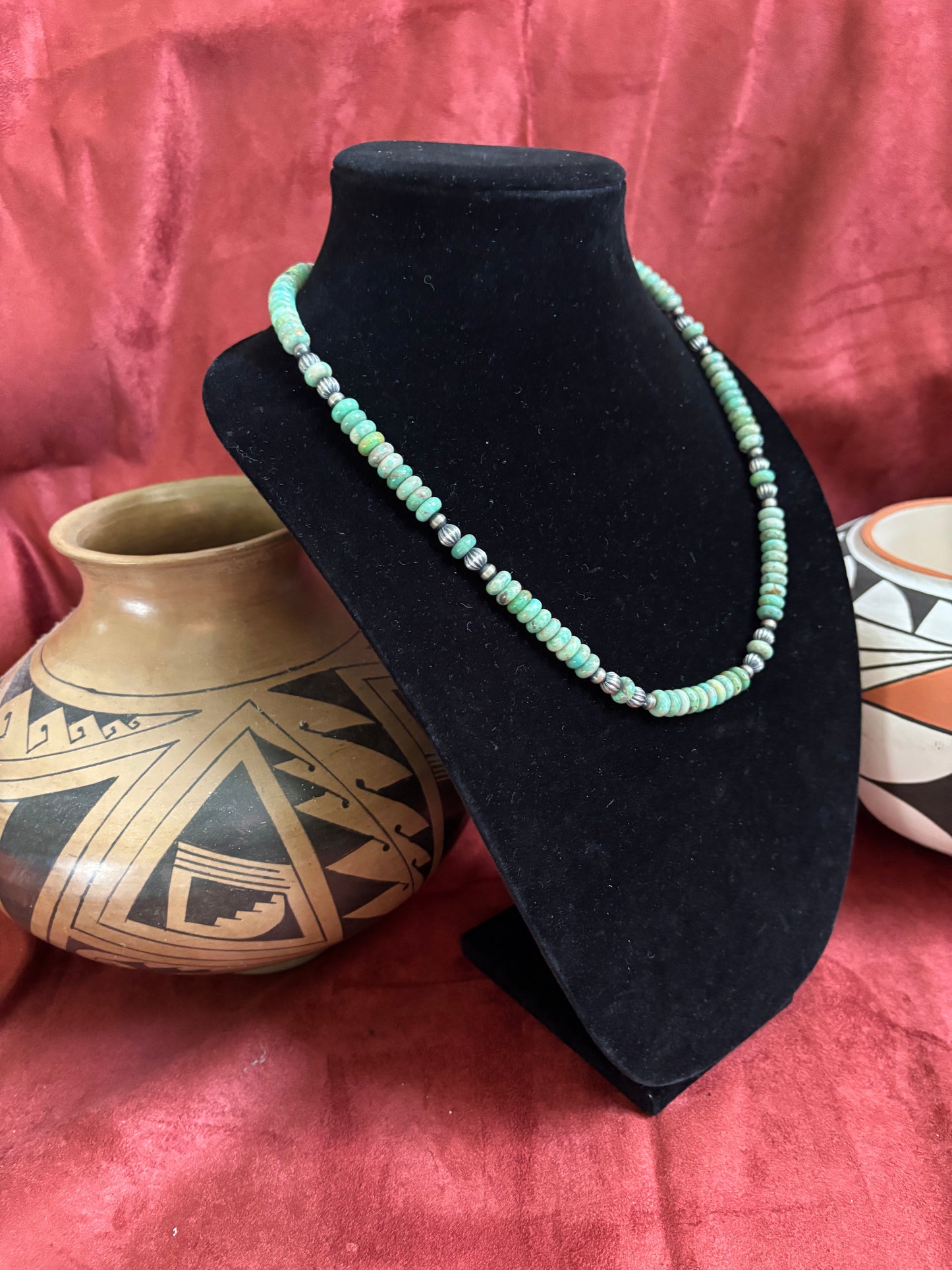 25” Green Ma-shan Turquoise Necklace with Mixed Silver Pearls
