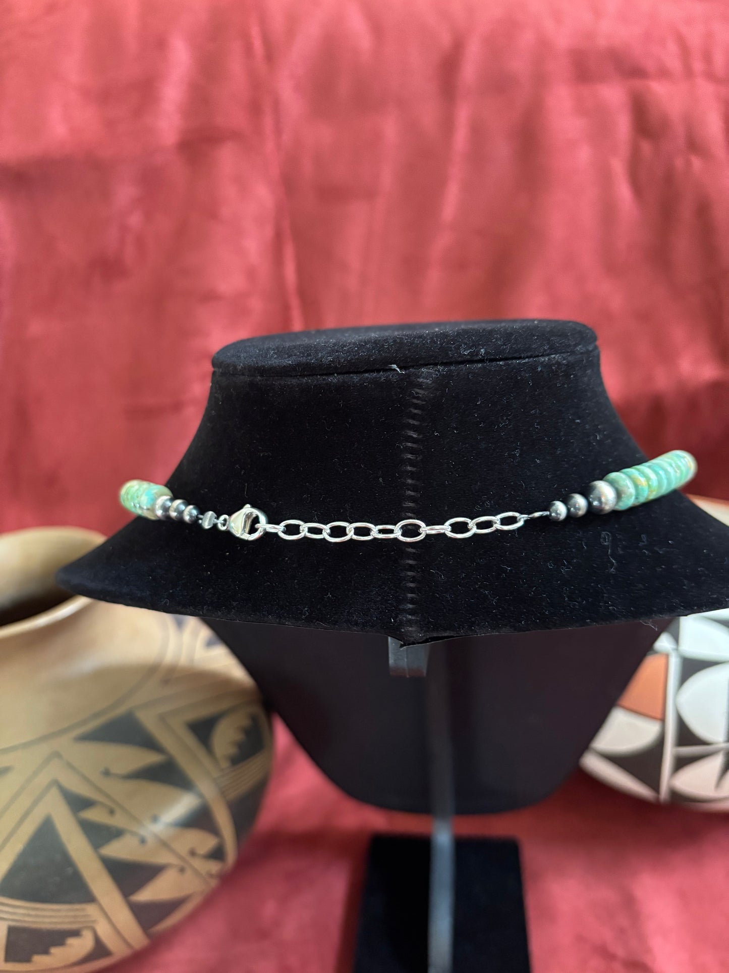 25” Green Ma-shan Turquoise Necklace with Mixed Silver Pearls