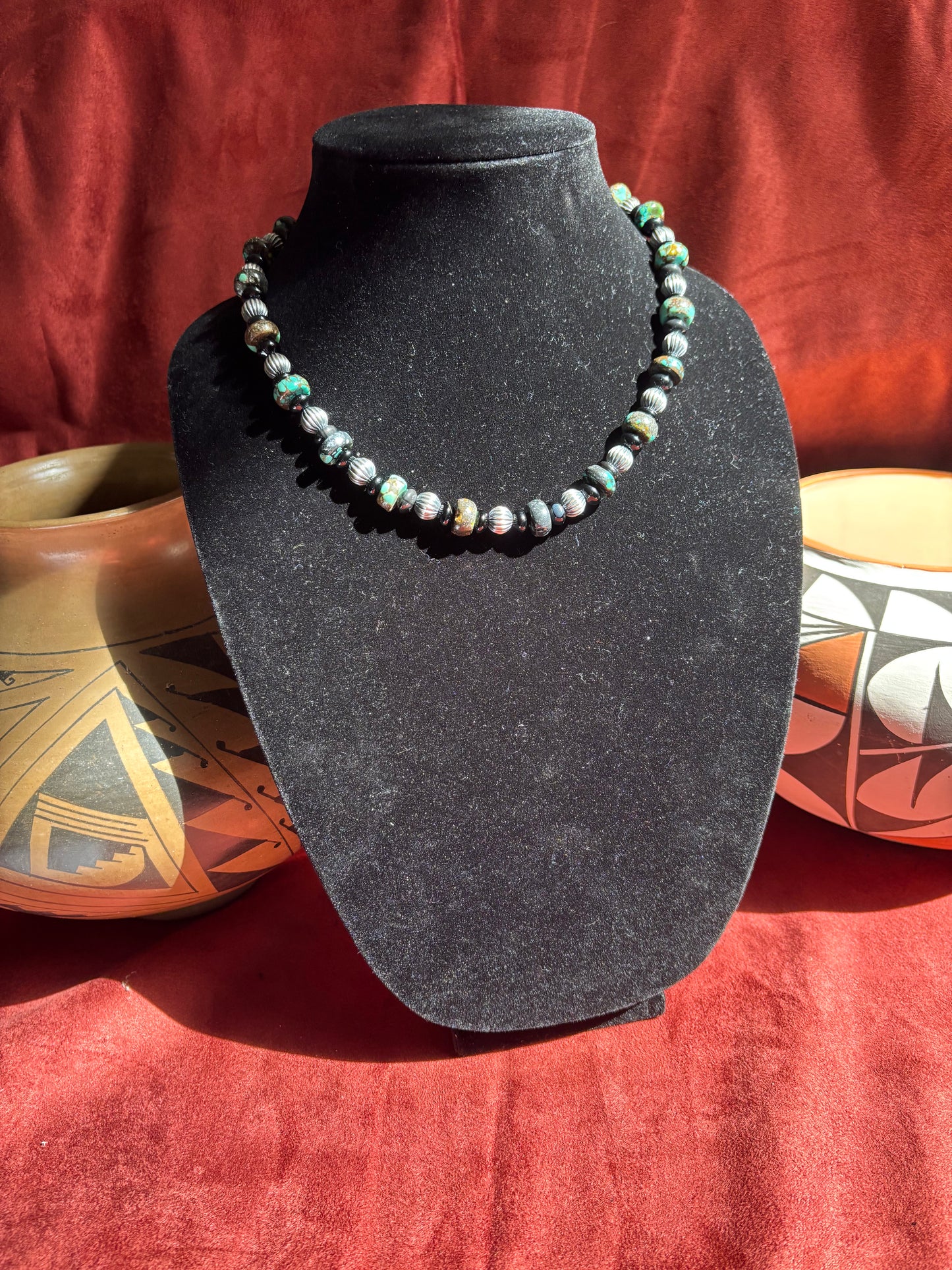 17” Polychrome Turquoise & Black Onyx Necklace with Sterling Silver Pumpkin Pearls
