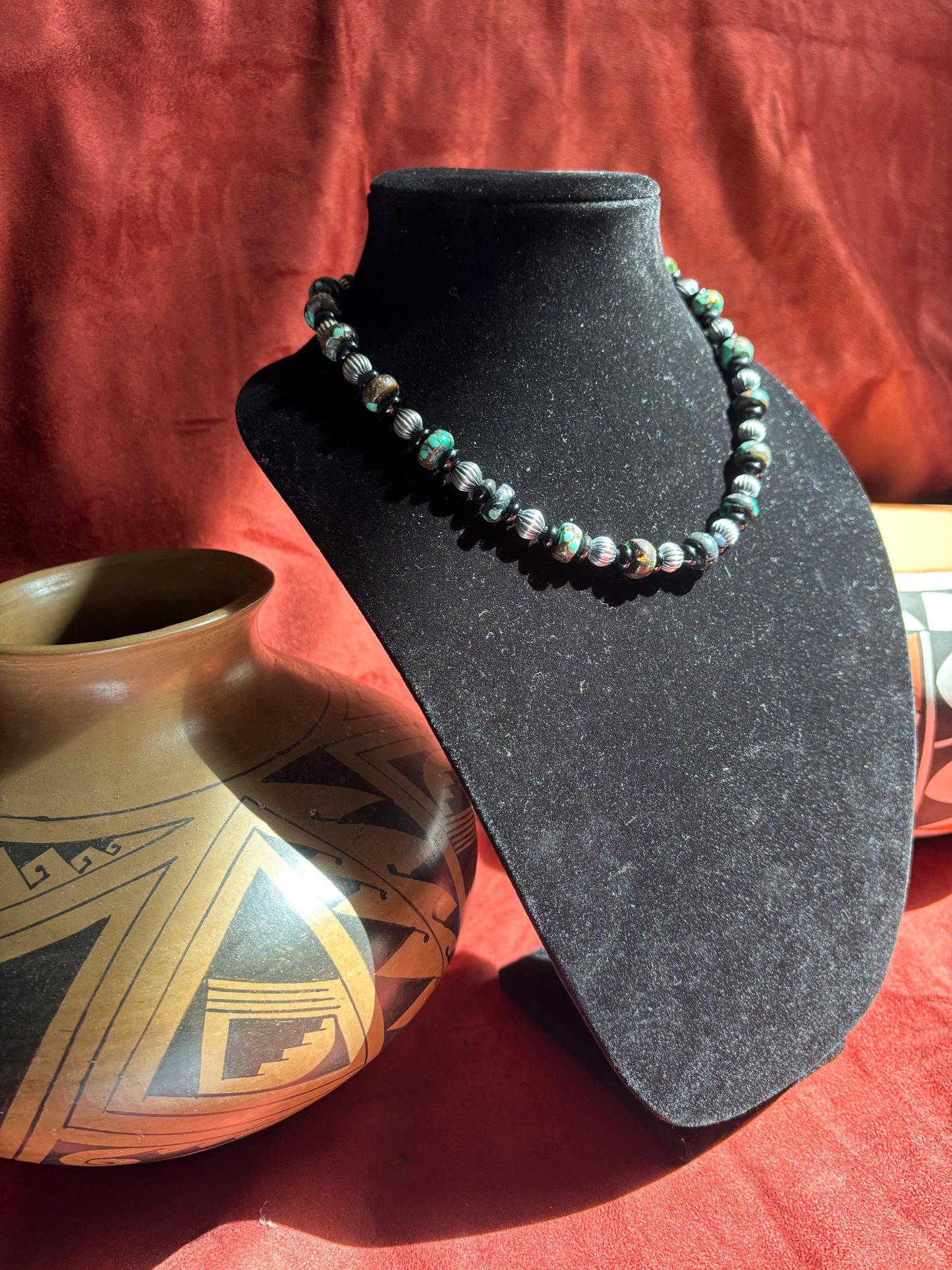 17” Polychrome Turquoise & Black Onyx Necklace with Sterling Silver Pumpkin Pearls
