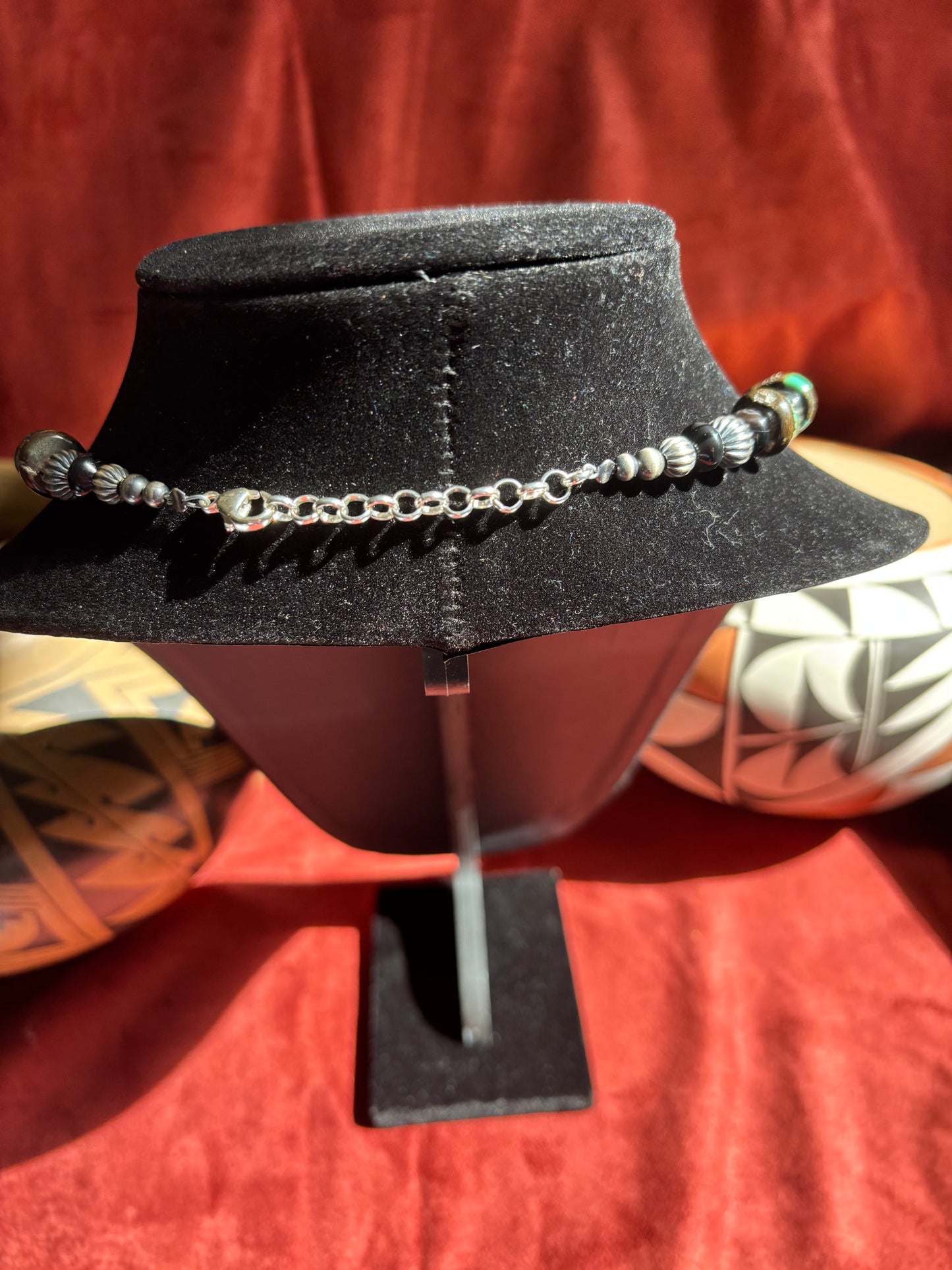 17” Polychrome Turquoise & Black Onyx Necklace with Sterling Silver Pumpkin Pearls