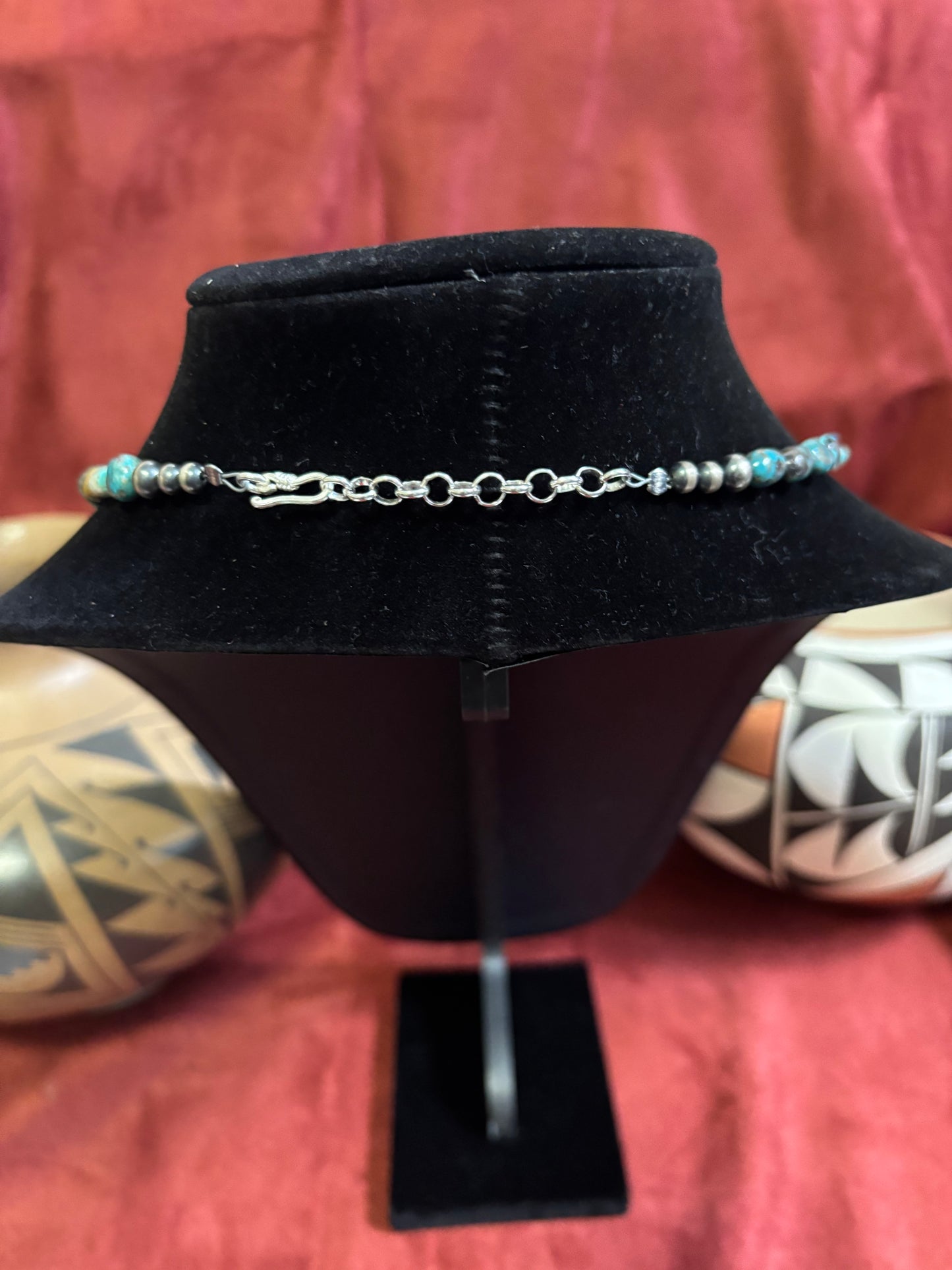 17” Polychrome Cloud Mountain Turquoise Nugget Necklace with Silver Pearl Ends