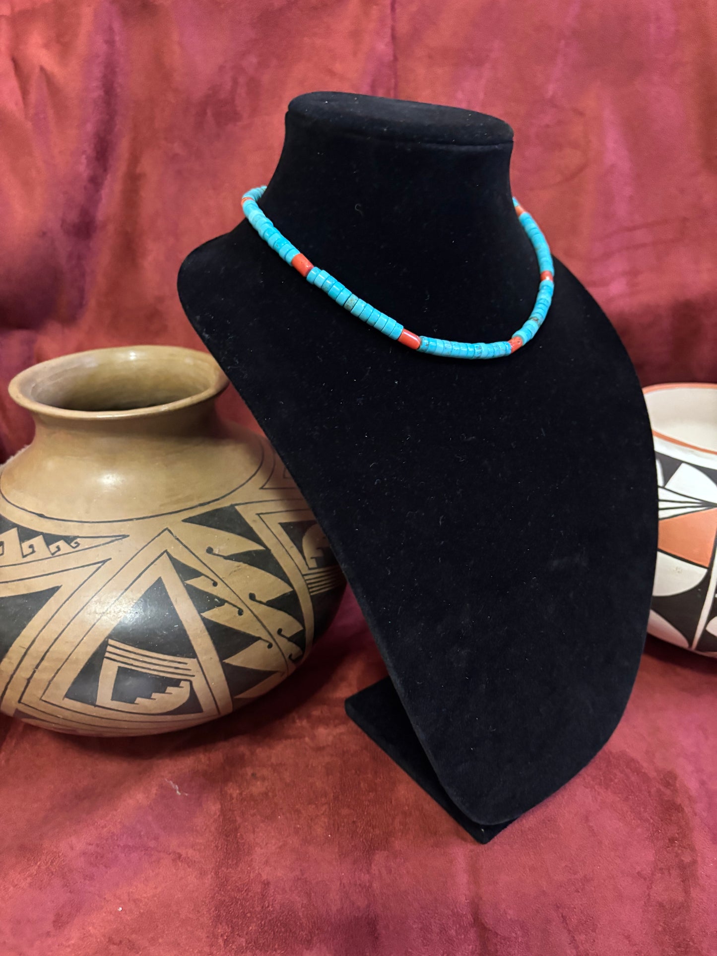 17” Lone Mountain Turquoise Heishi Necklace with Mediterranean Coral Accents
