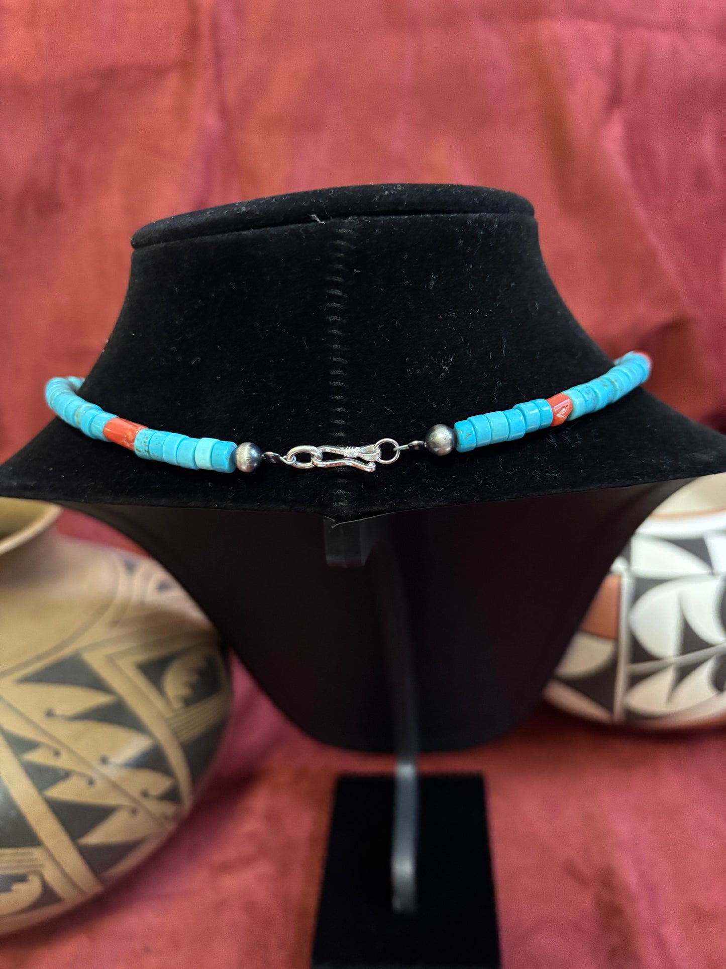 17” Lone Mountain Turquoise Heishi Necklace with Mediterranean Coral Accents