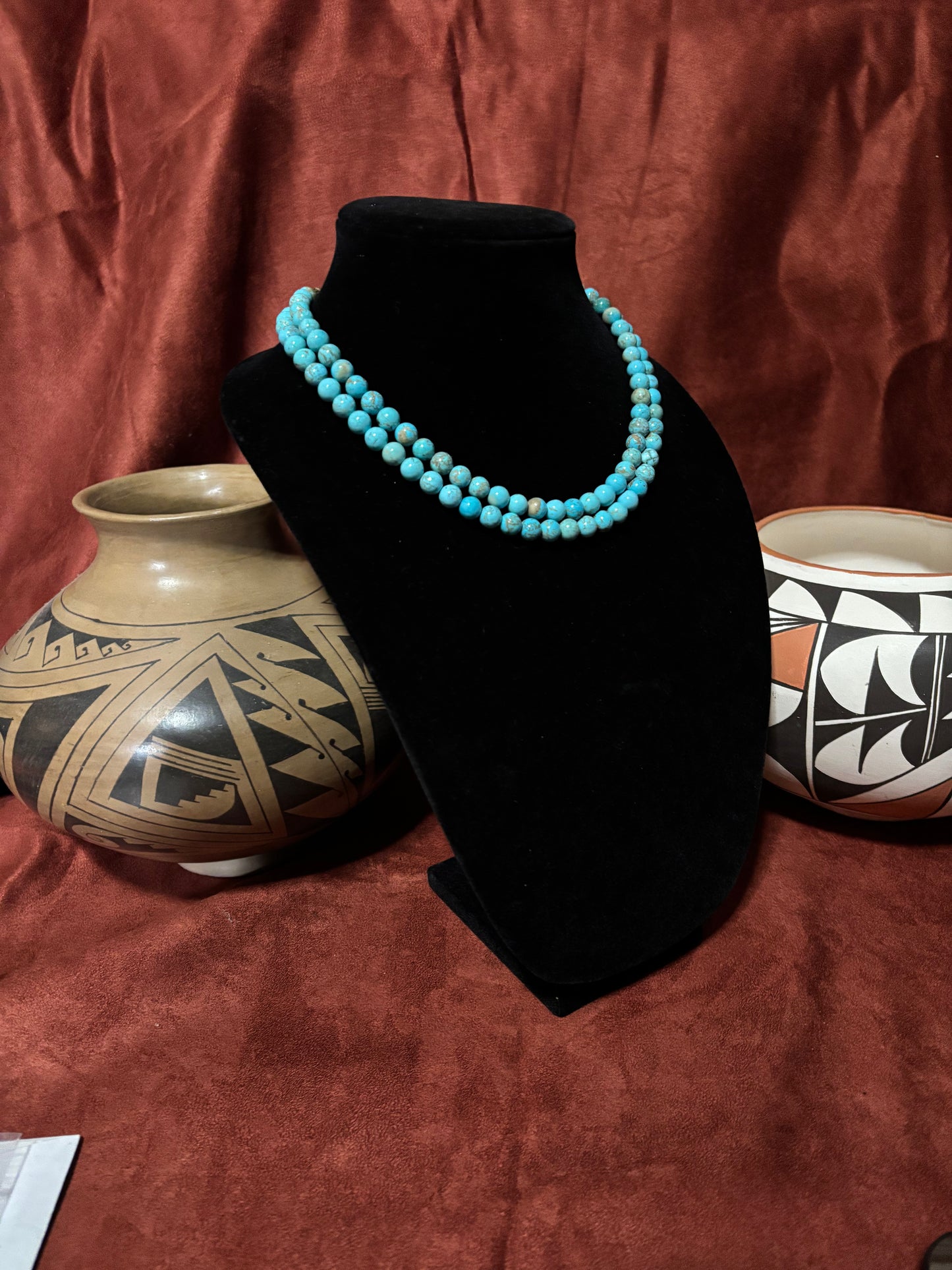 17” 8mm Round Lone Mountain Turquoise Necklace with Silver Pearl Ends