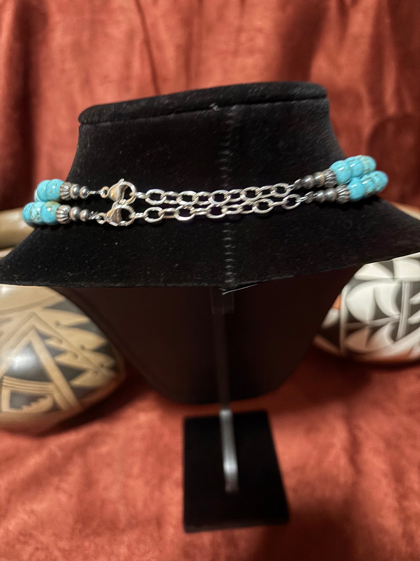 17” 8mm Round Lone Mountain Turquoise Necklace with Silver Pearl Ends