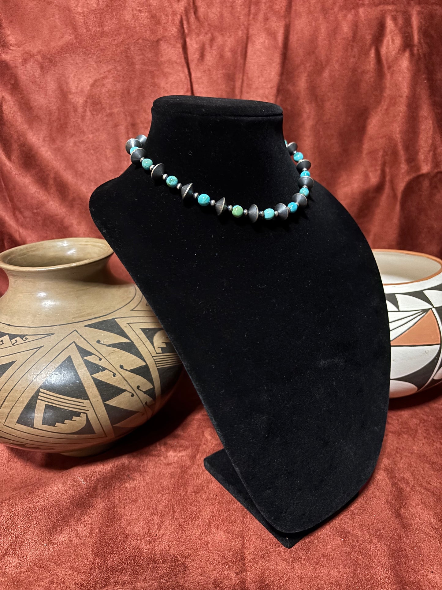 15.5” Lone Mountain Turquoise Necklace with Mustang Silver Pearls