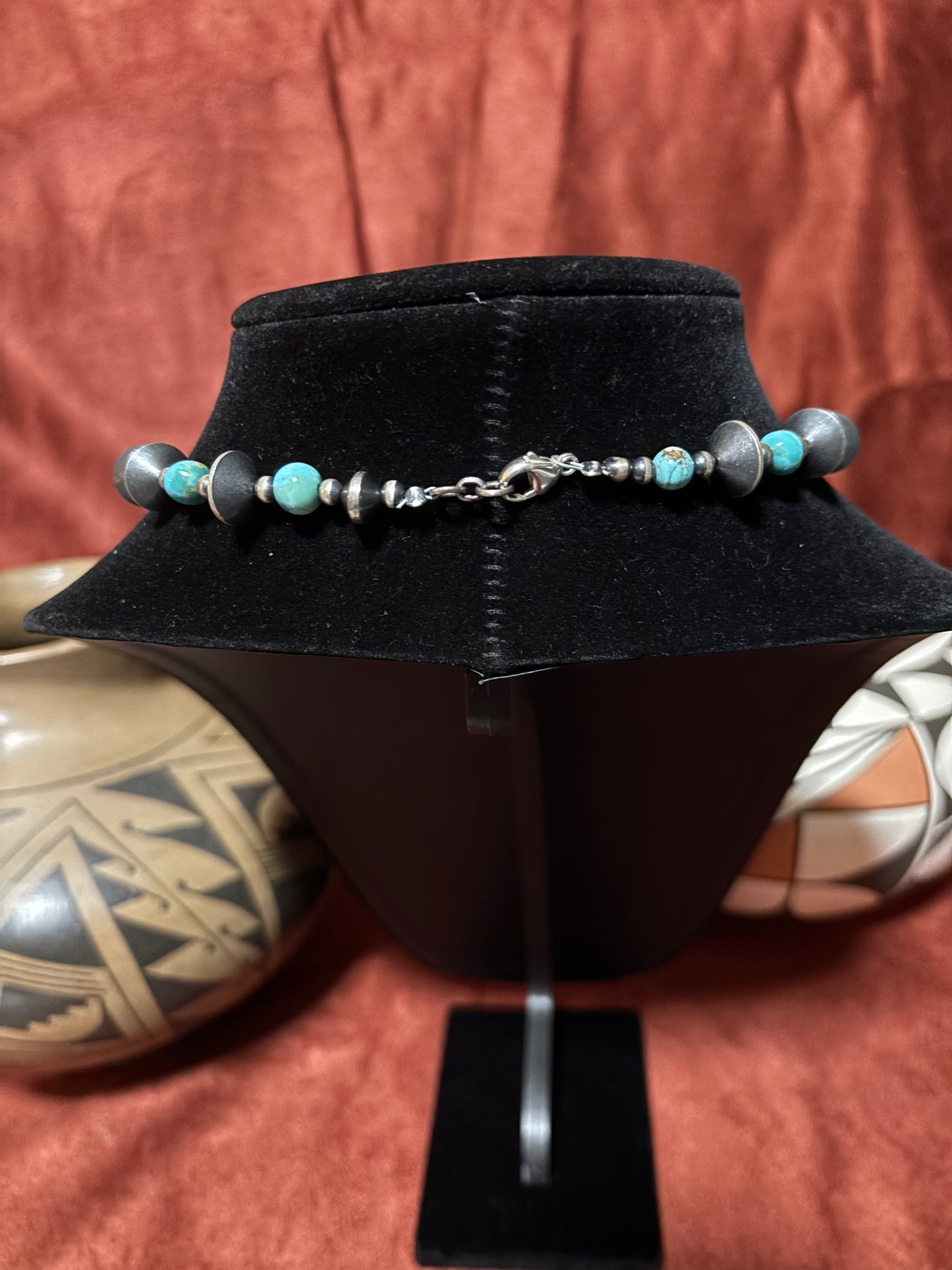 15.5” Lone Mountain Turquoise Necklace with Mustang Silver Pearls
