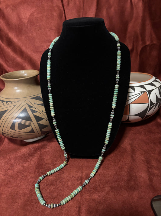 42” Sage Green Mǎ-Shàn Turquoise & Mustang Silver Pearl Necklace