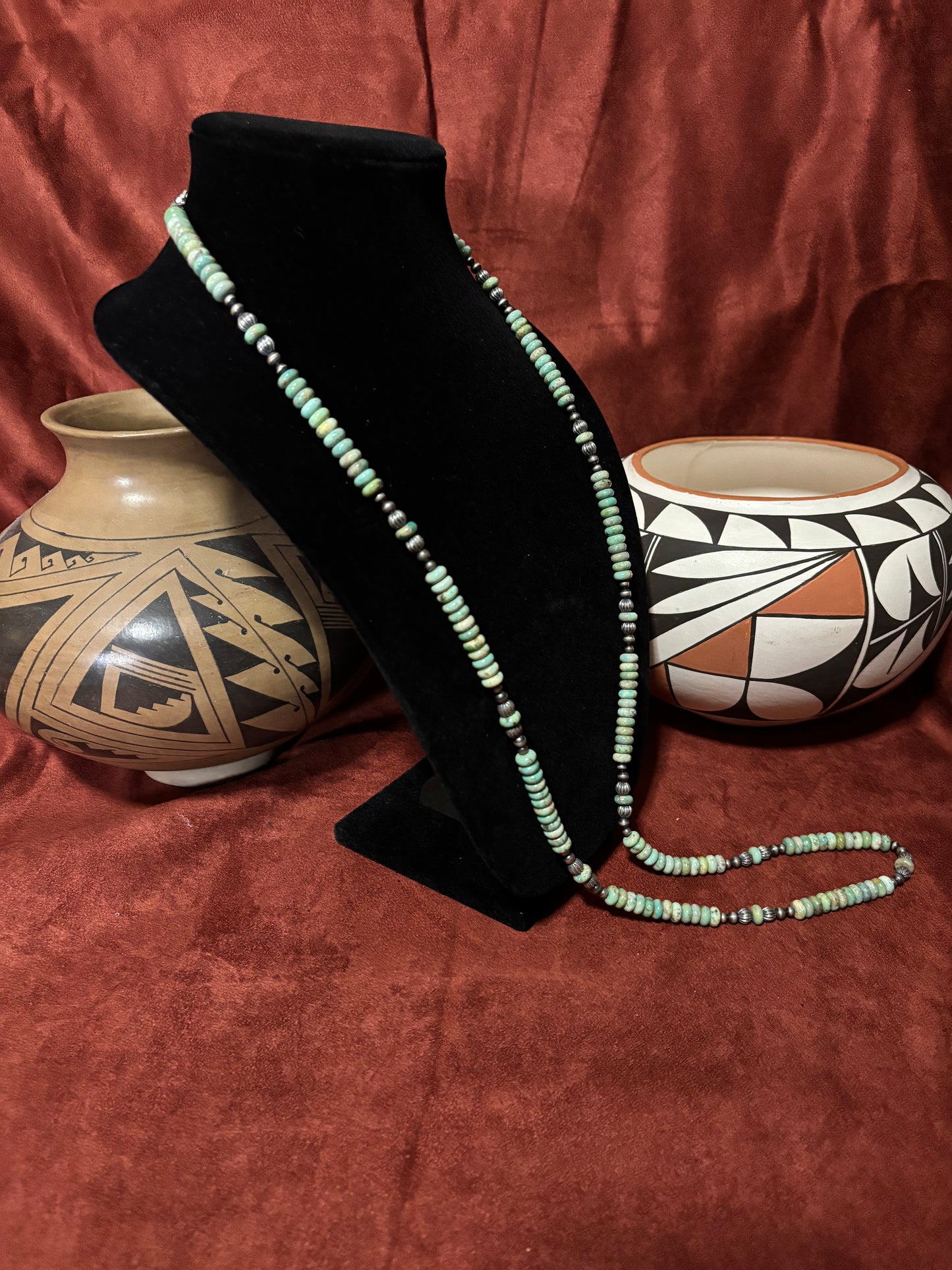 42” Sage Green Mǎ-Shàn Turquoise & Mustang Silver Pearl Necklace