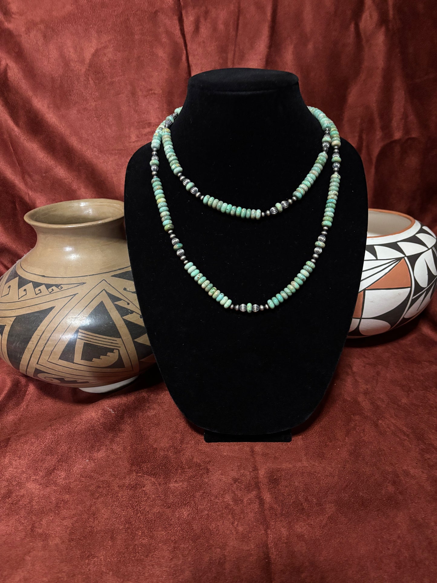 42” Sage Green Mǎ-Shàn Turquoise & Mustang Silver Pearl Necklace