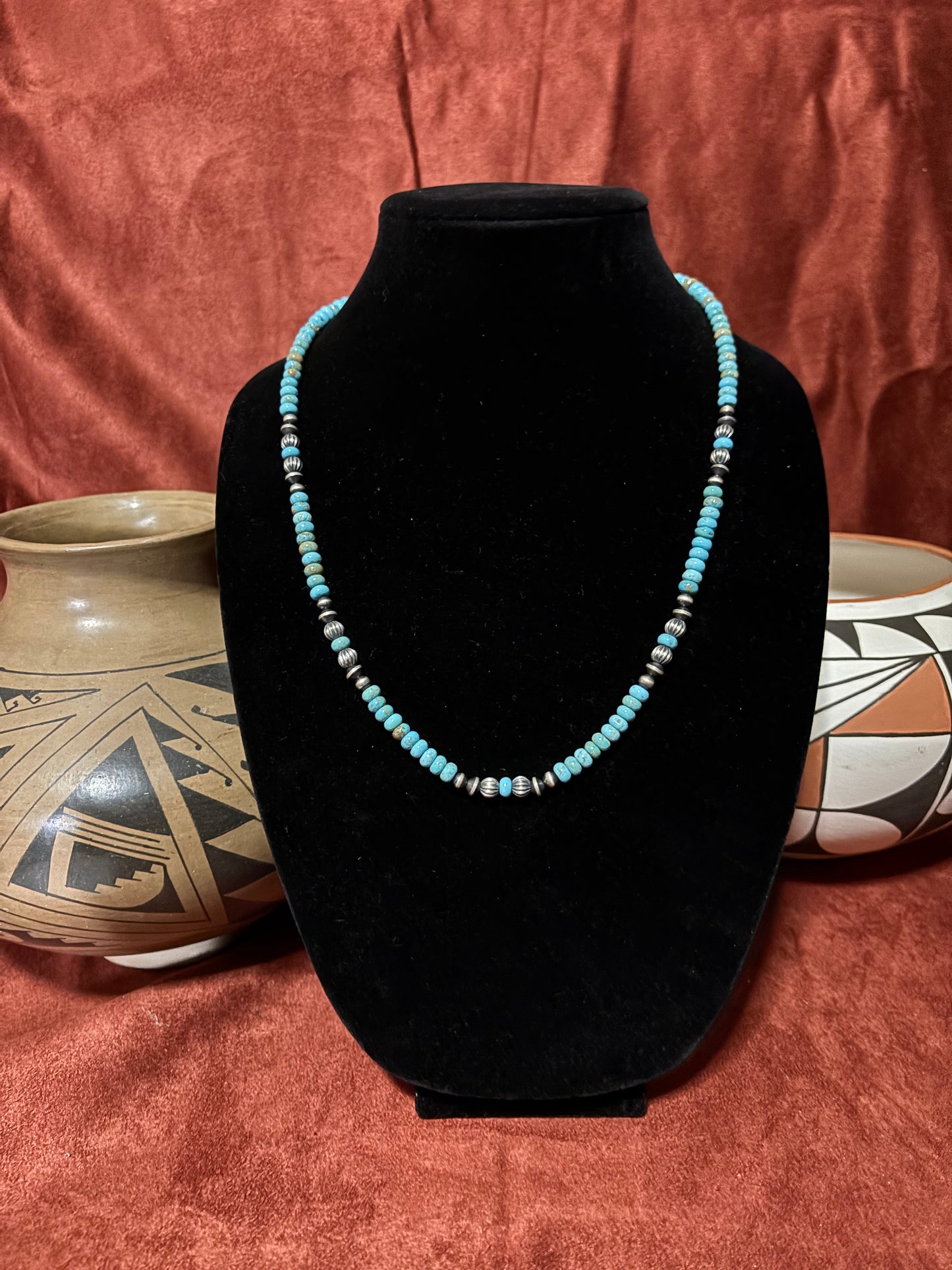 22” Lone Mountain Turquoise Necklace with Pumpkin Beads & Mustang Silver Pearls