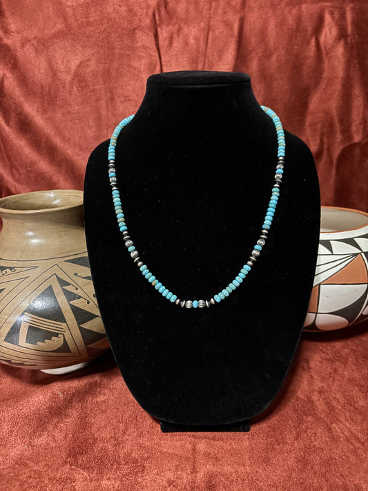 22” Lone Mountain Turquoise Necklace with Pumpkin Beads & Mustang Silver Pearls