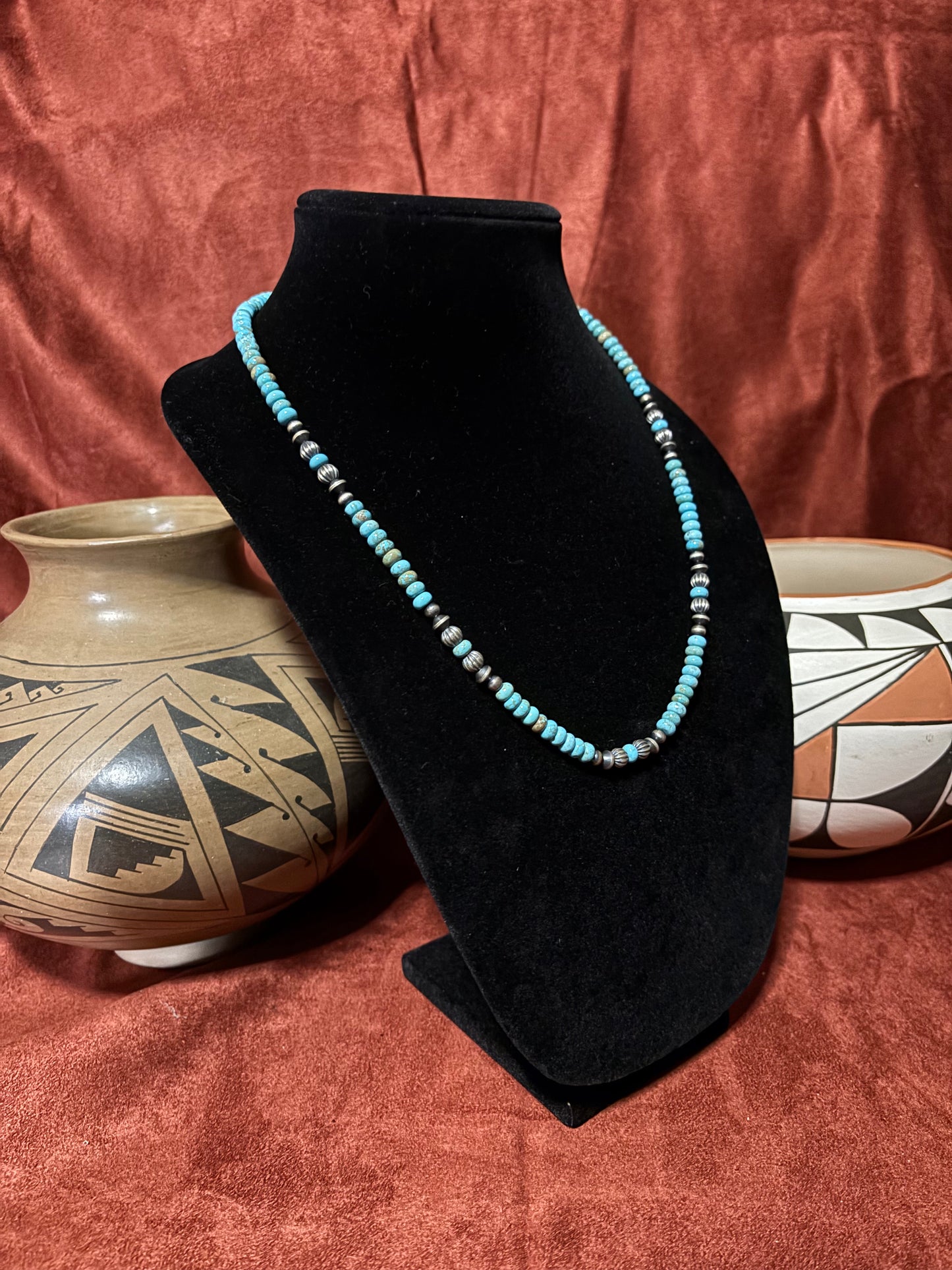 22” Lone Mountain Turquoise Necklace with Pumpkin Beads & Mustang Silver Pearls