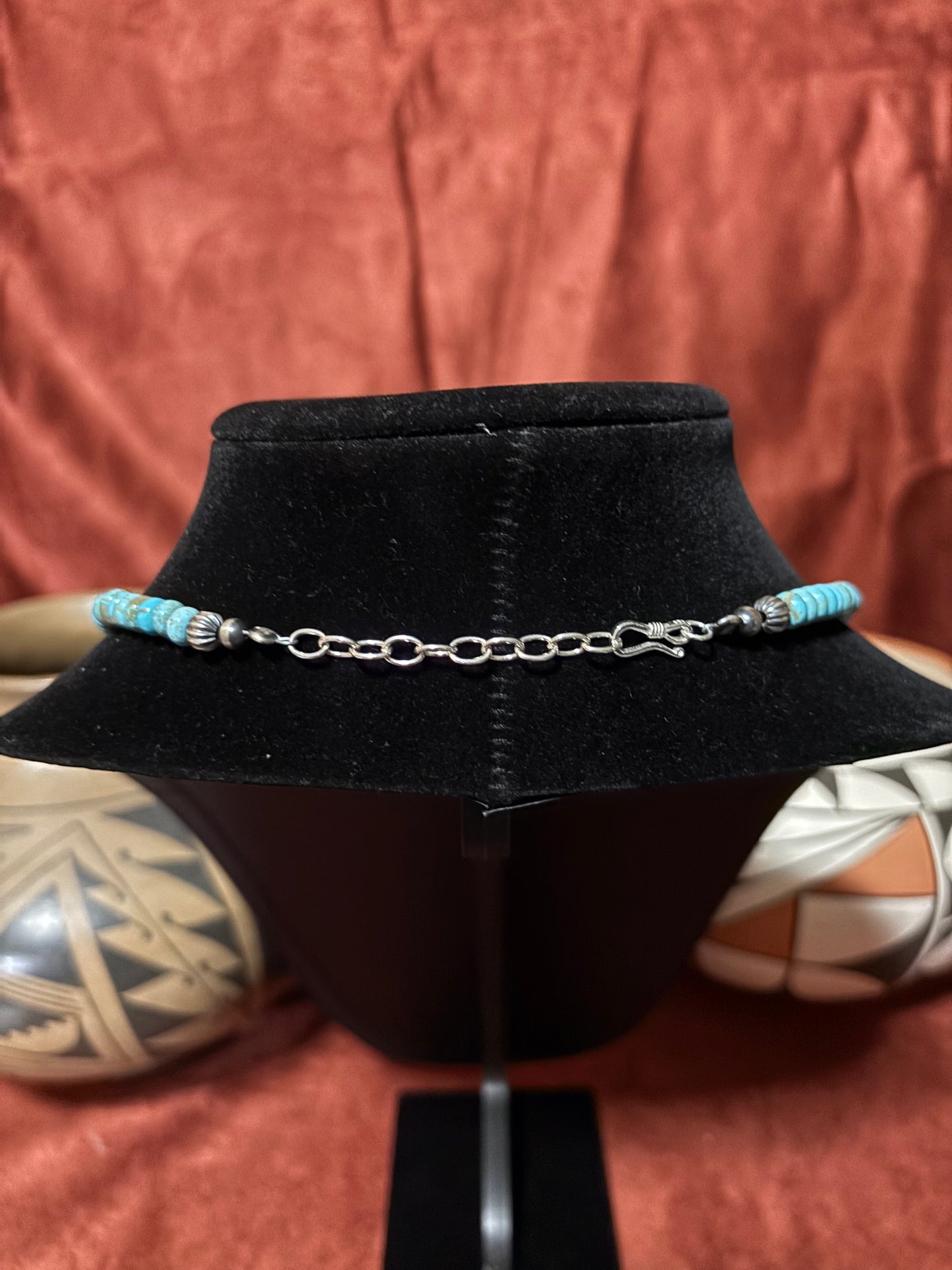22” Lone Mountain Turquoise Necklace with Pumpkin Beads & Mustang Silver Pearls