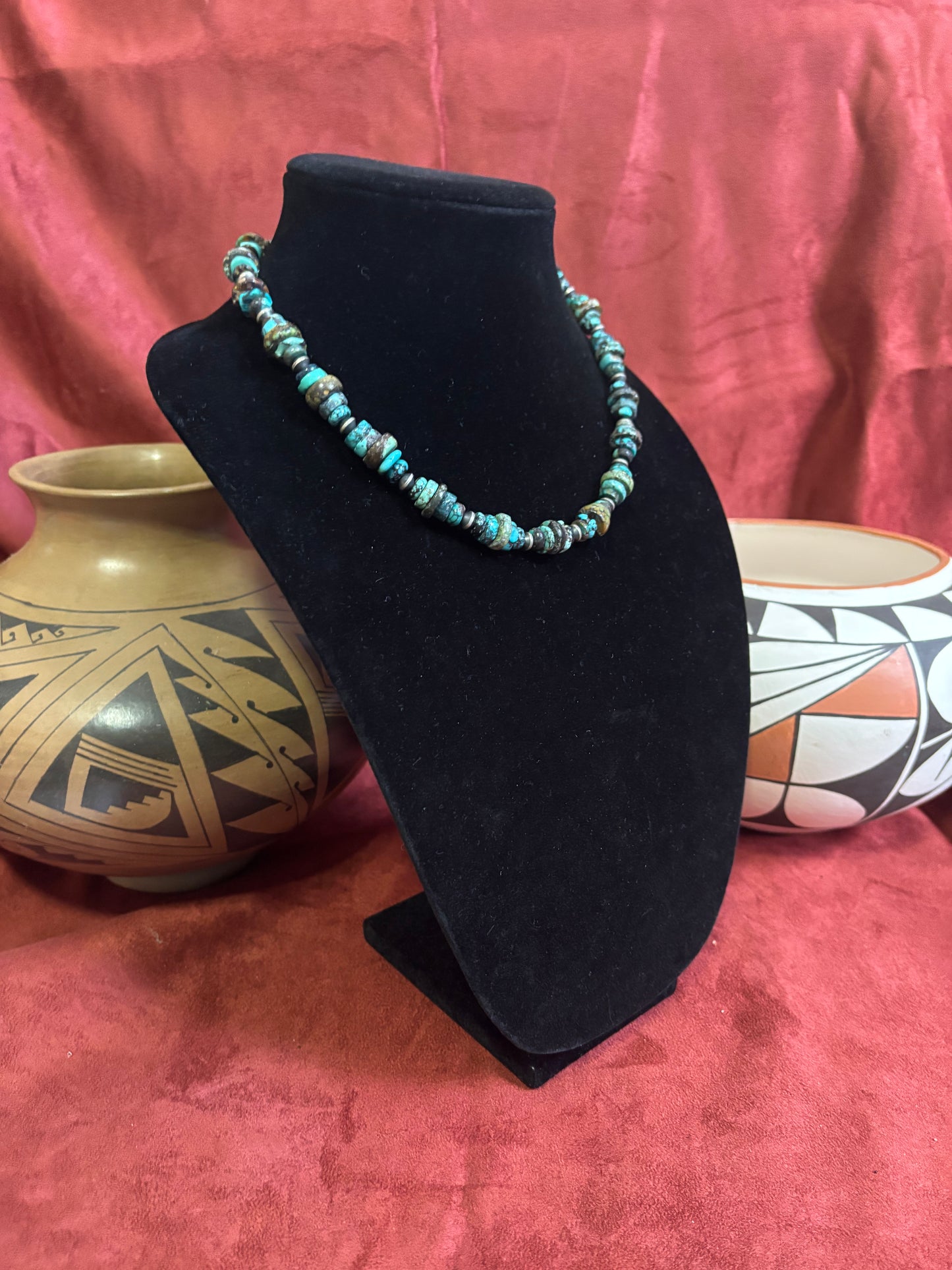 16” Polychrome Cloud Mountain Turquoise Necklace with Mustang Silver Saucer Beads