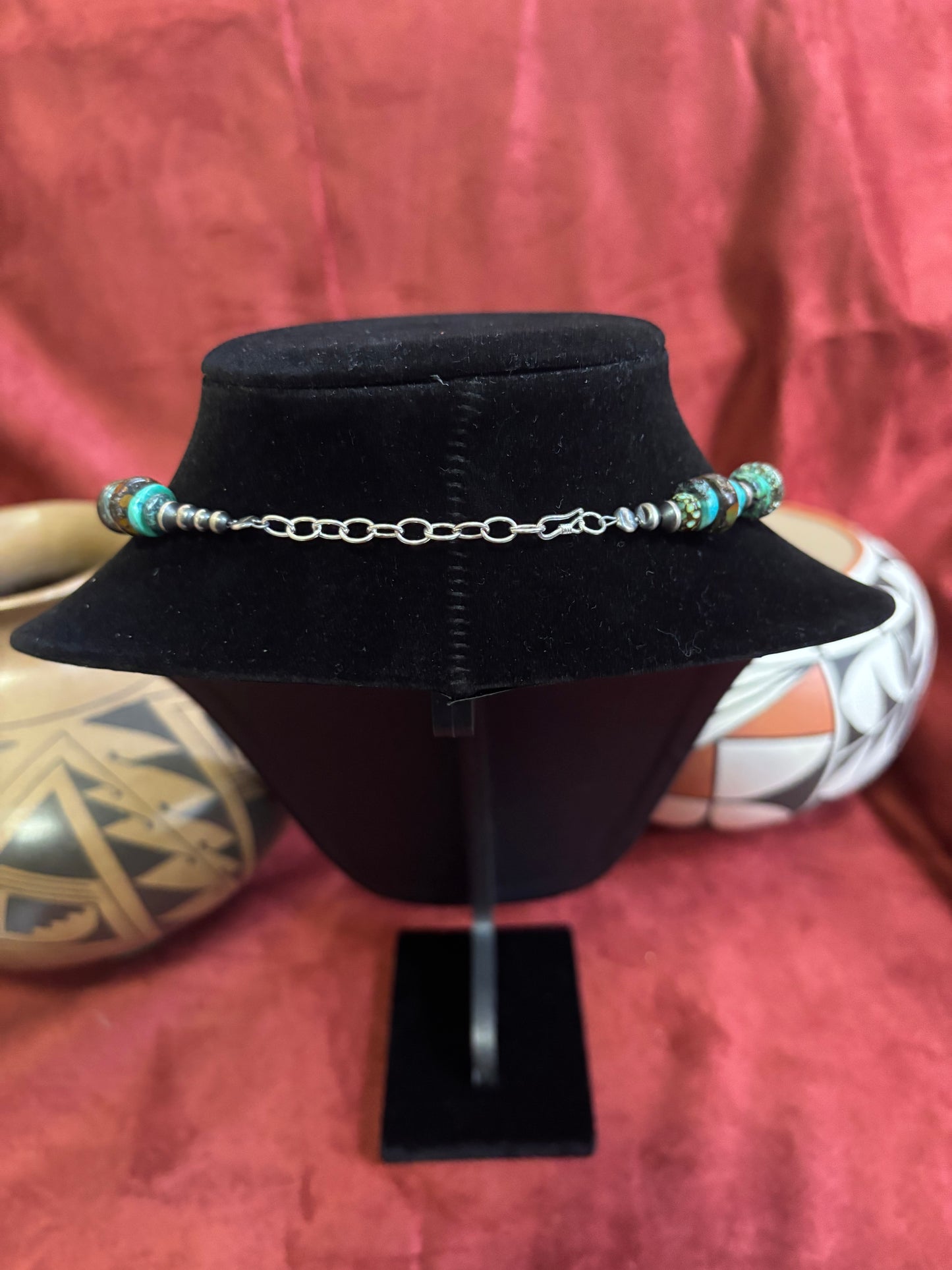 16” Polychrome Cloud Mountain Turquoise Necklace with Mustang Silver Saucer Beads