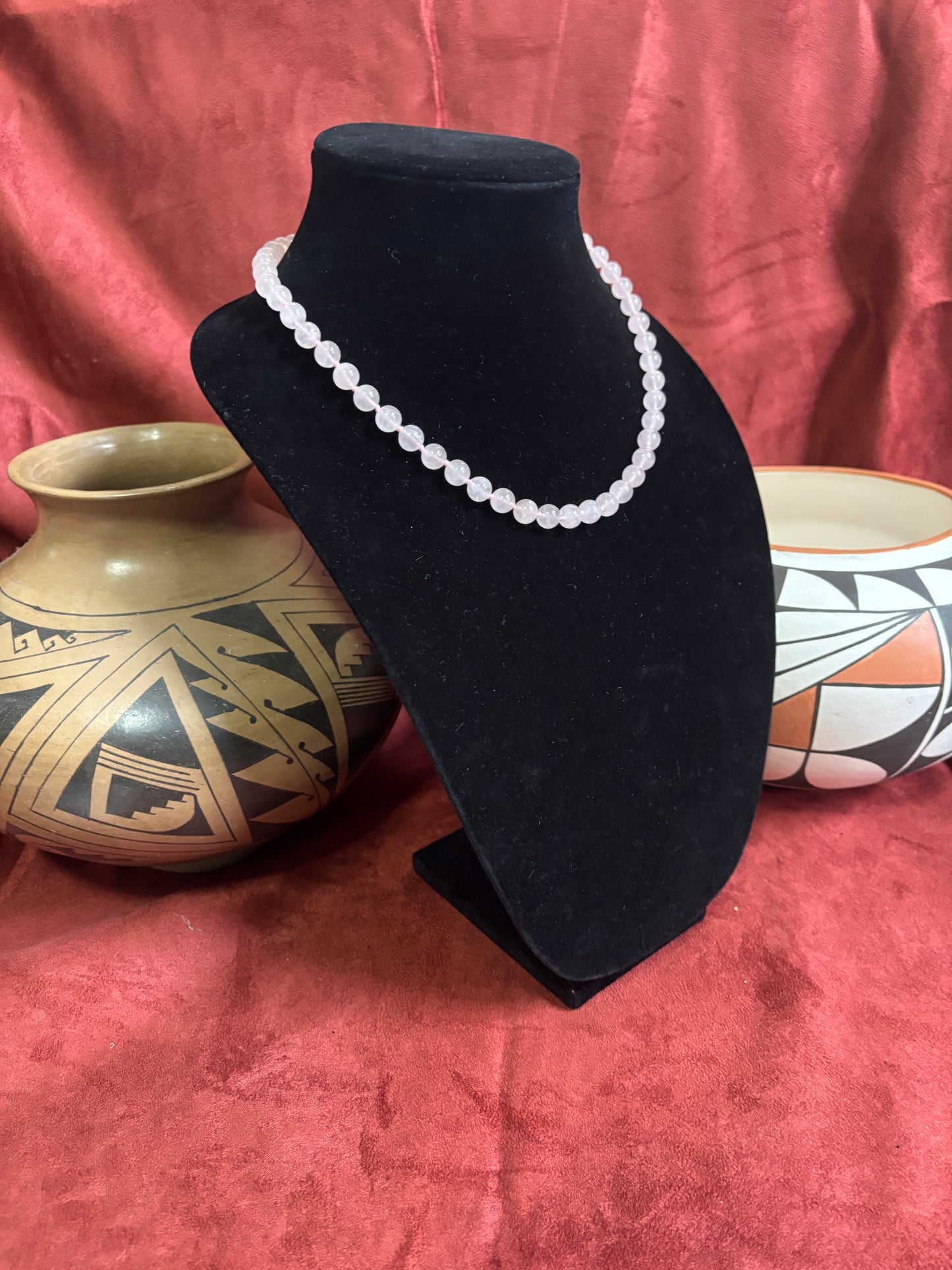 18” Rose Quartz Necklace – 8mm Hand-Knotted Rounds on Pink Silk Cord