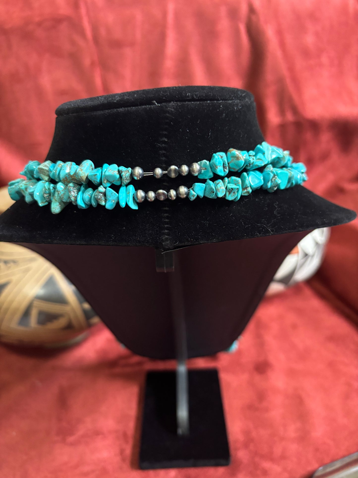 34” Kingman Turquoise Nugget Necklace with Sterling Silver Pearls