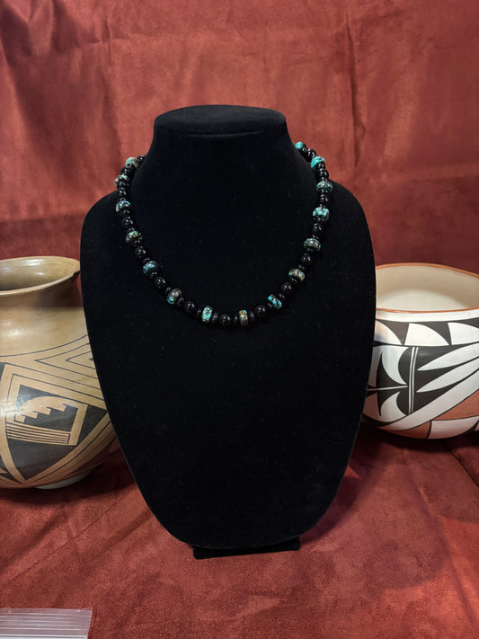 18” Black Onyx & Polychrome Cloud Mountain Turquoise Necklace