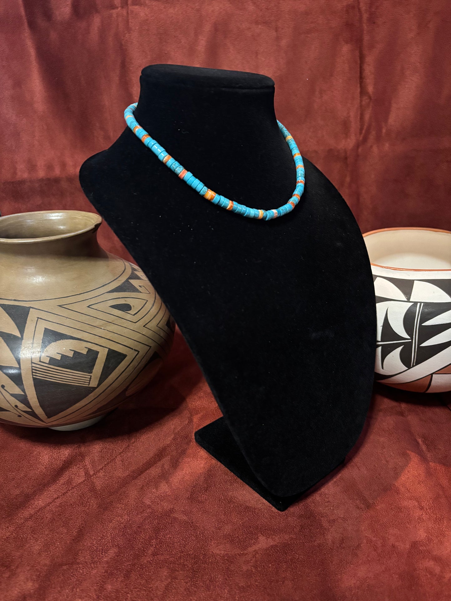 14” Lone Mountain Turquoise Heishi Necklace with Spiny Oyster Accents