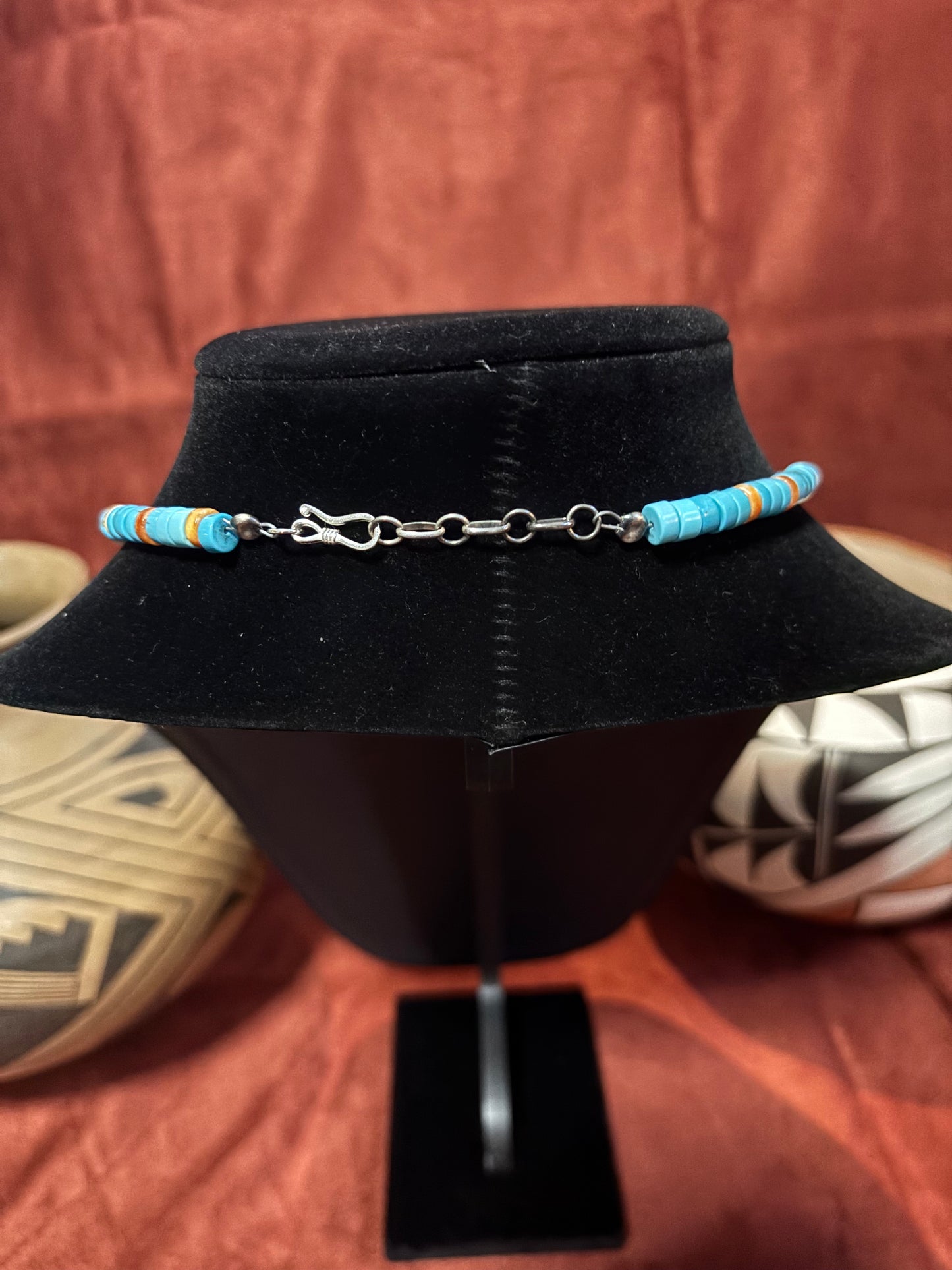 14” Lone Mountain Turquoise Heishi Necklace with Spiny Oyster Accents