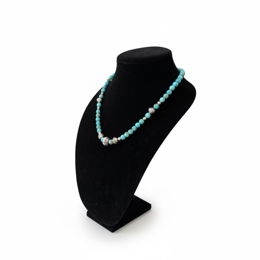 Blue Green Kingman Turquoise and Stamped Navajo Pearl Necklace, 21", Turquoise Mustang