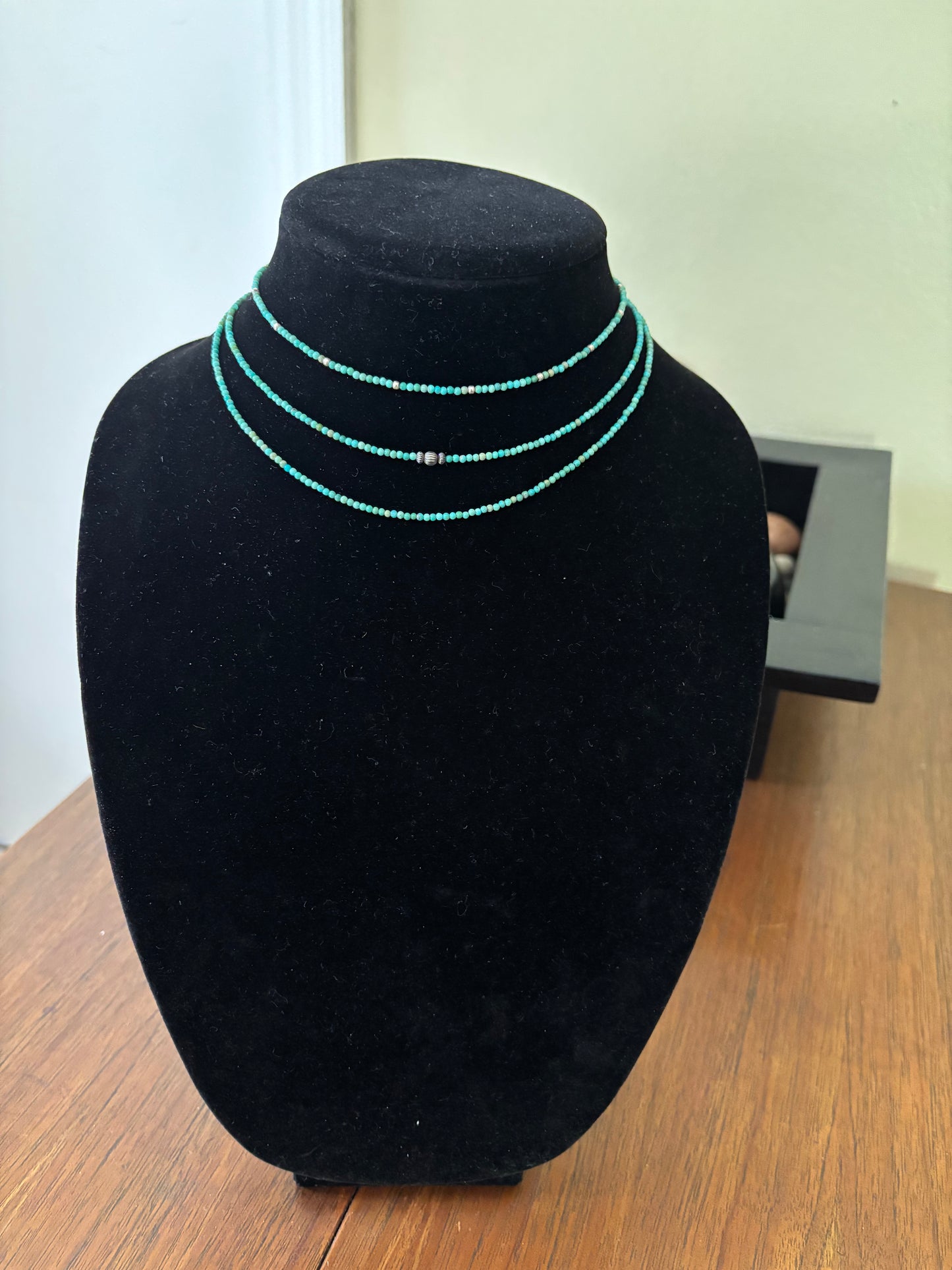 13” Green Kingman Turquoise Necklace with Sterling Silver Pearl Accents
