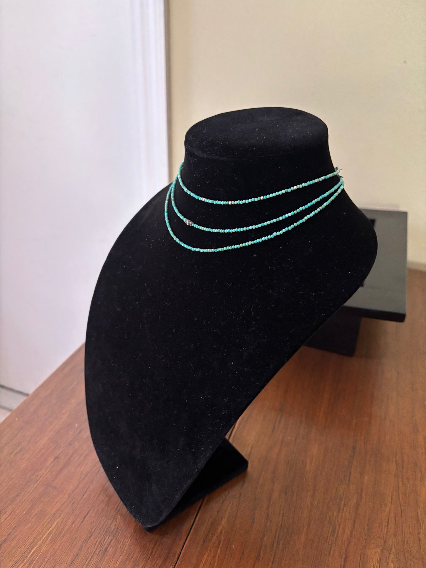 13” Green Kingman Turquoise Necklace with Sterling Silver Pearl Accents