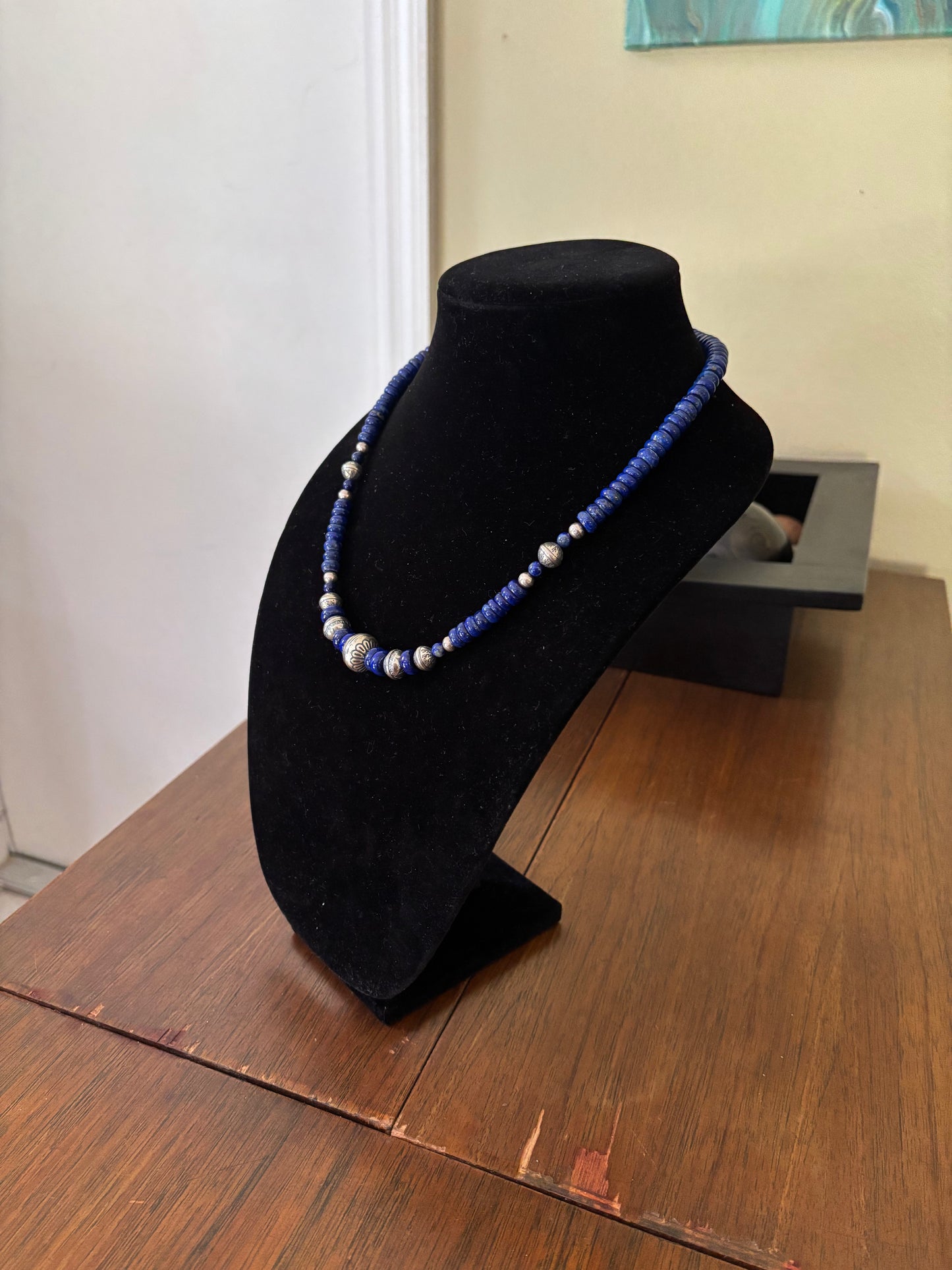 21” Lapis Lazuli Rondelle Necklace with Graduated Navajo Pearls