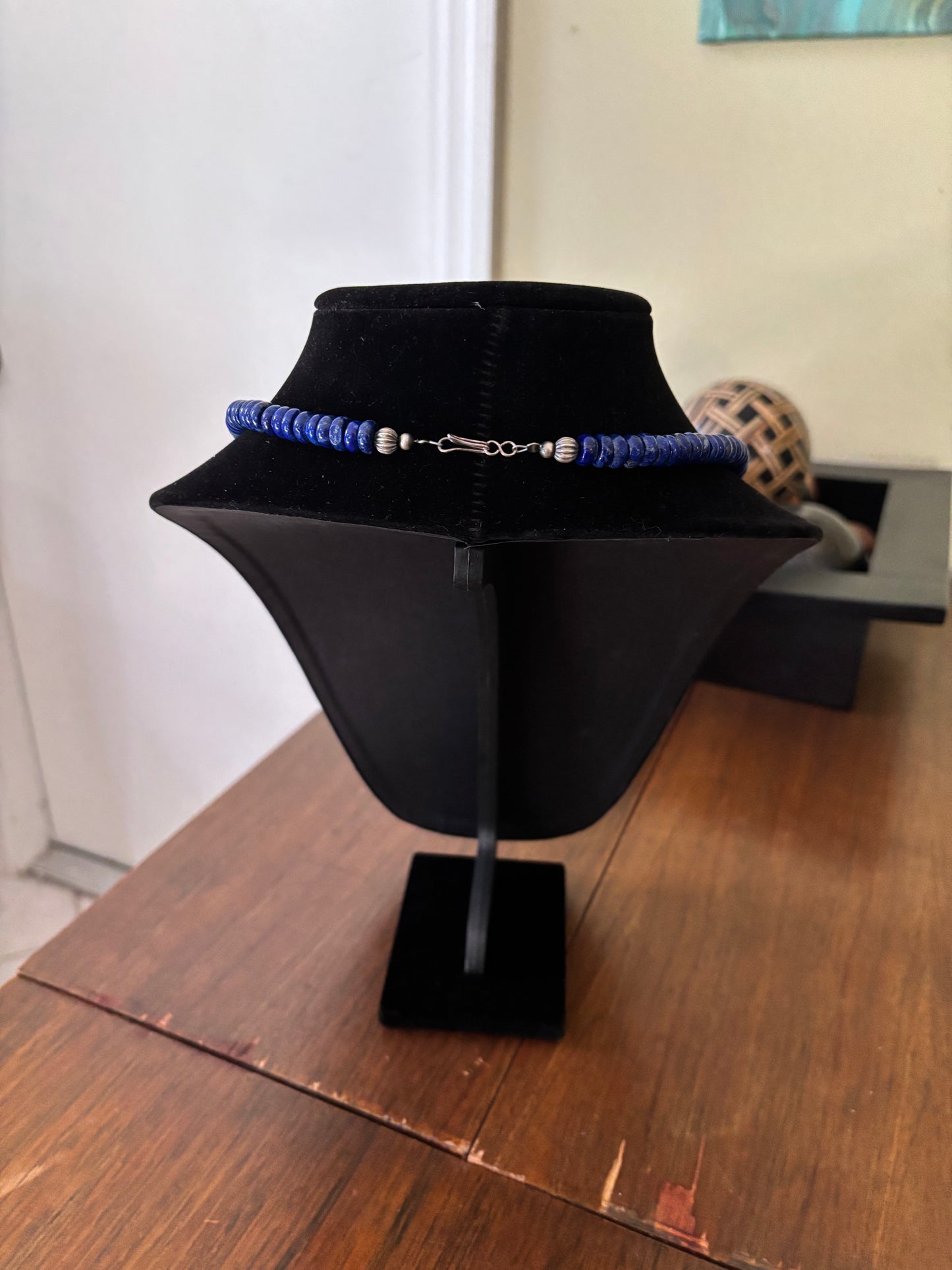 21” Lapis Lazuli Rondelle Necklace with Graduated Navajo Pearls