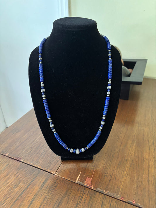 30” Lapis Lazuli Rondelle Necklace with Pumpkin Silver Pearls