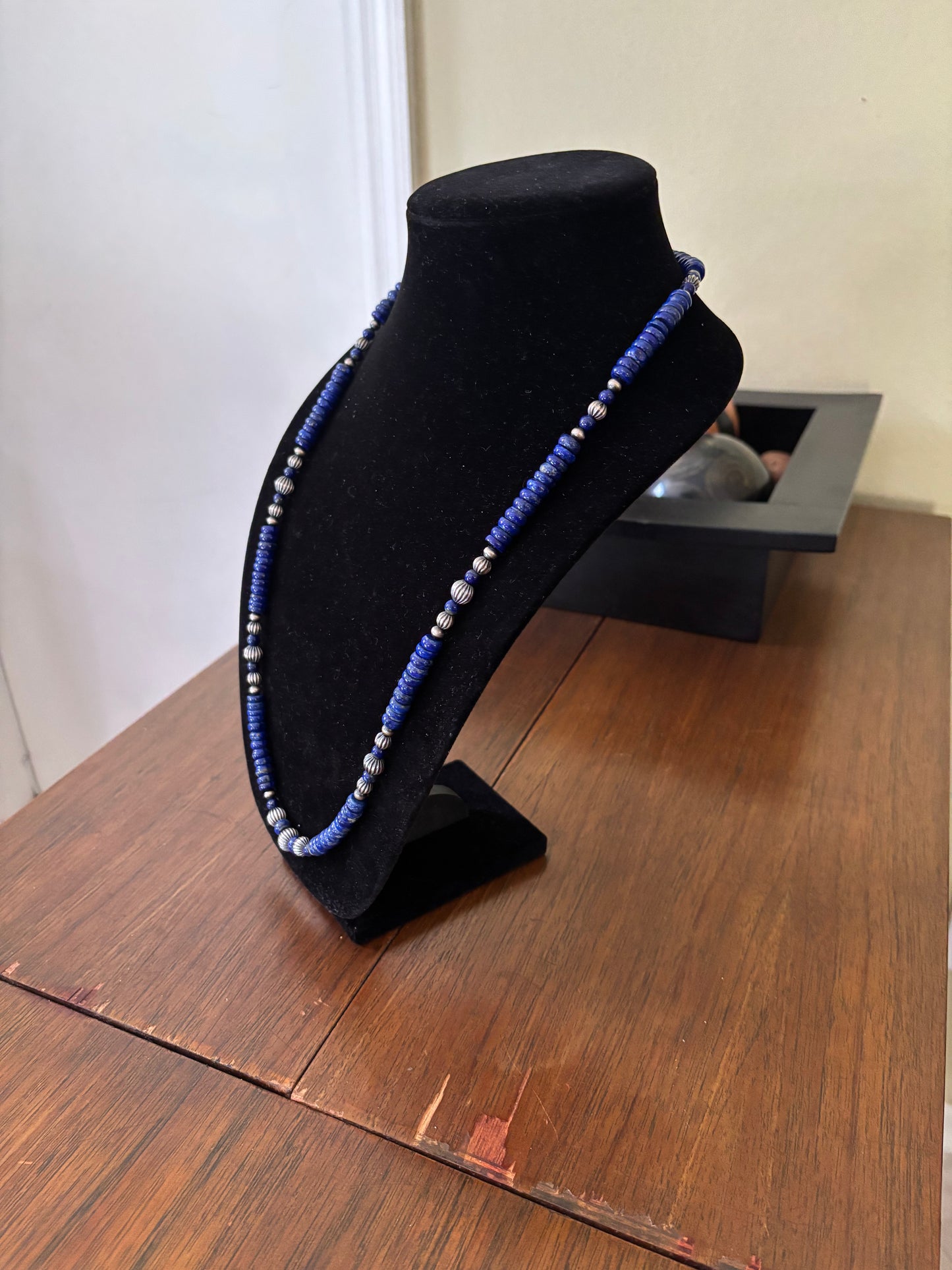 30” Lapis Lazuli Rondelle Necklace with Pumpkin Silver Pearls
