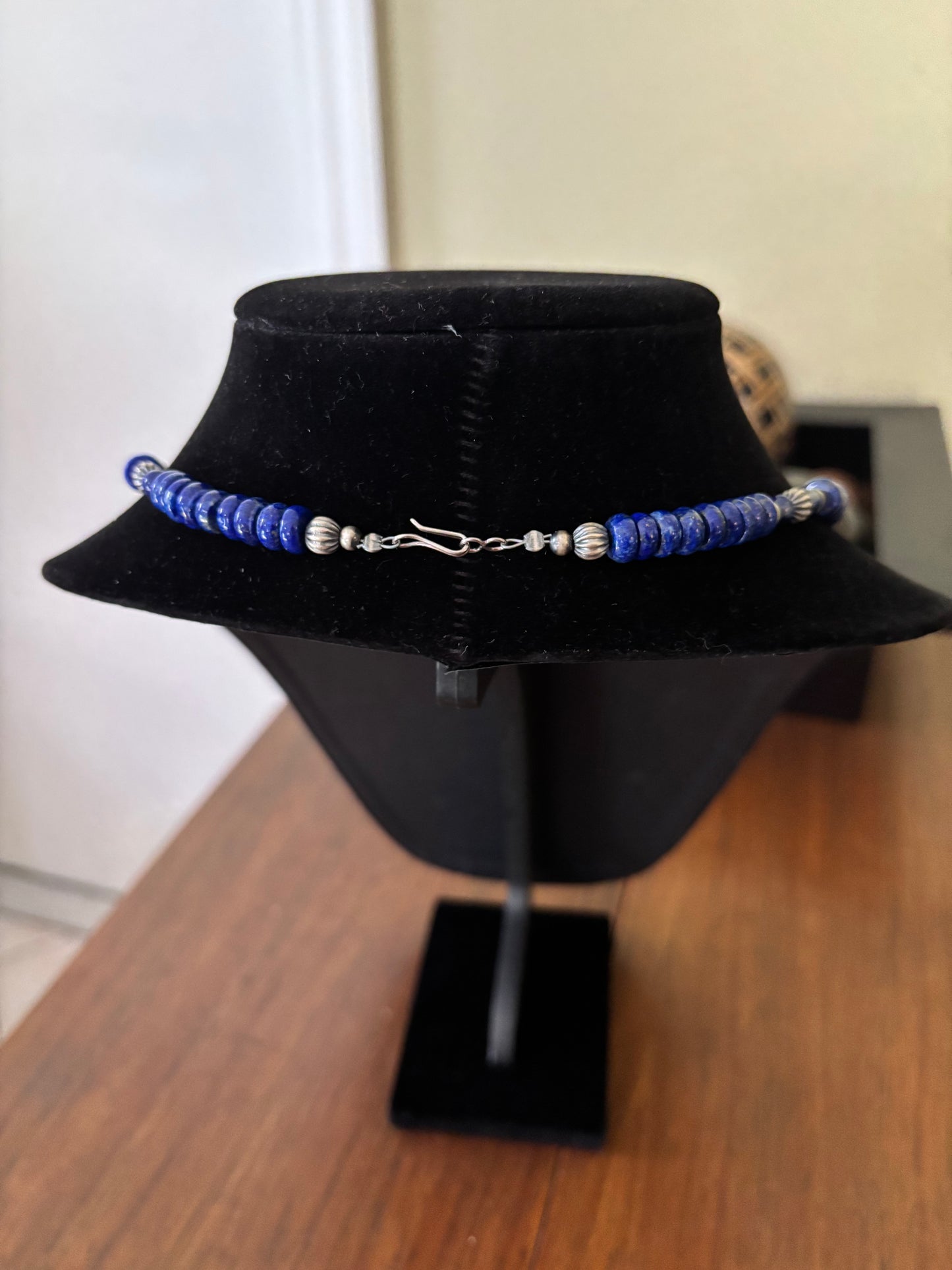 30” Lapis Lazuli Rondelle Necklace with Pumpkin Silver Pearls