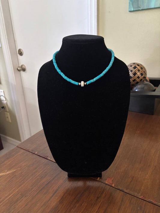 16” Lone Mountain Turquoise & Navajo Pearl Necklace with Buffalo Center Disc