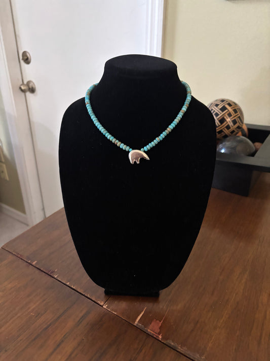17” Lone Mountain Turquoise Rondelle Necklace with Sterling Silver Bear Spirit Pendant
