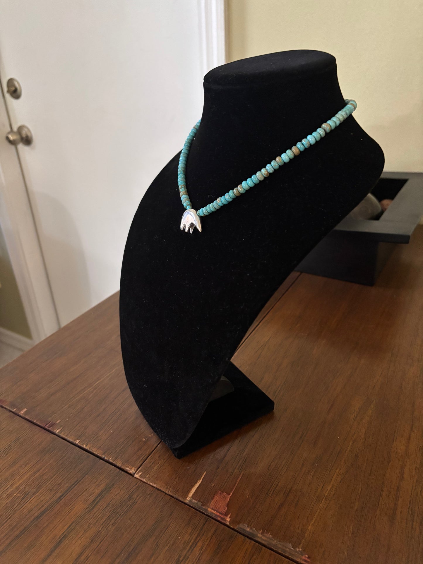 17” Lone Mountain Turquoise Rondelle Necklace with Sterling Silver Bear Spirit Pendant