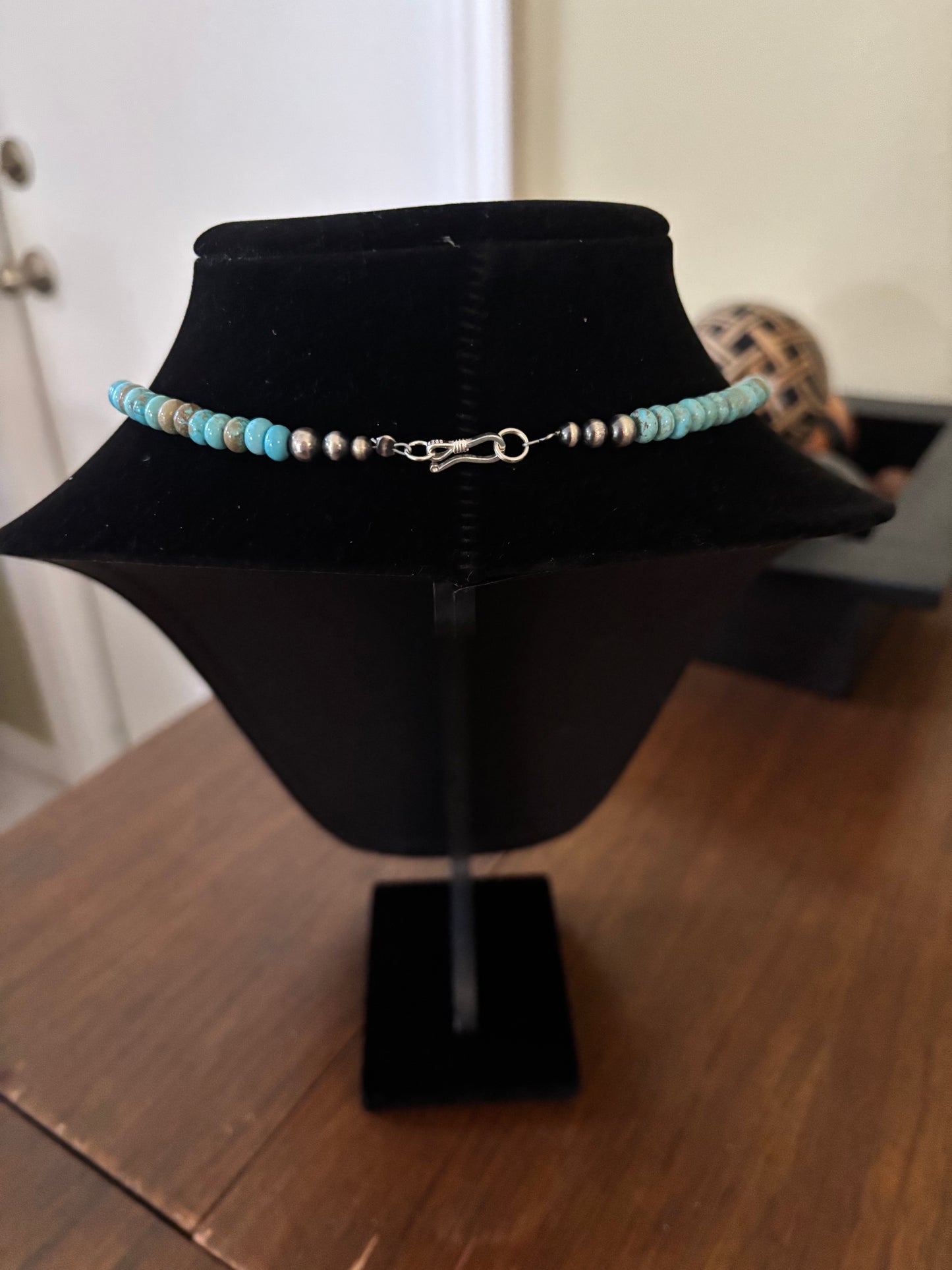17” Lone Mountain Turquoise Rondelle Necklace with Sterling Silver Bear Spirit Pendant