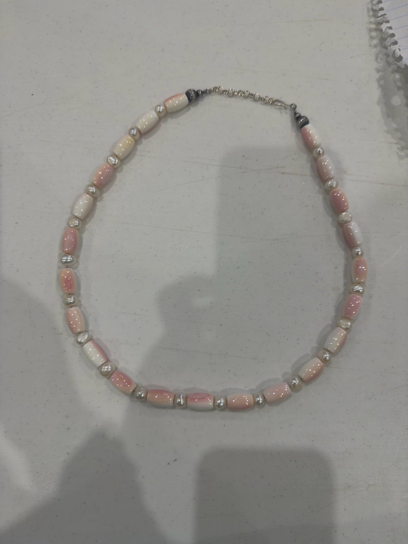 22” Pink Conch Barrel Bead, Freshwater Pearl & Sterling Silver Necklace, Handmade by Turquoise Mustang