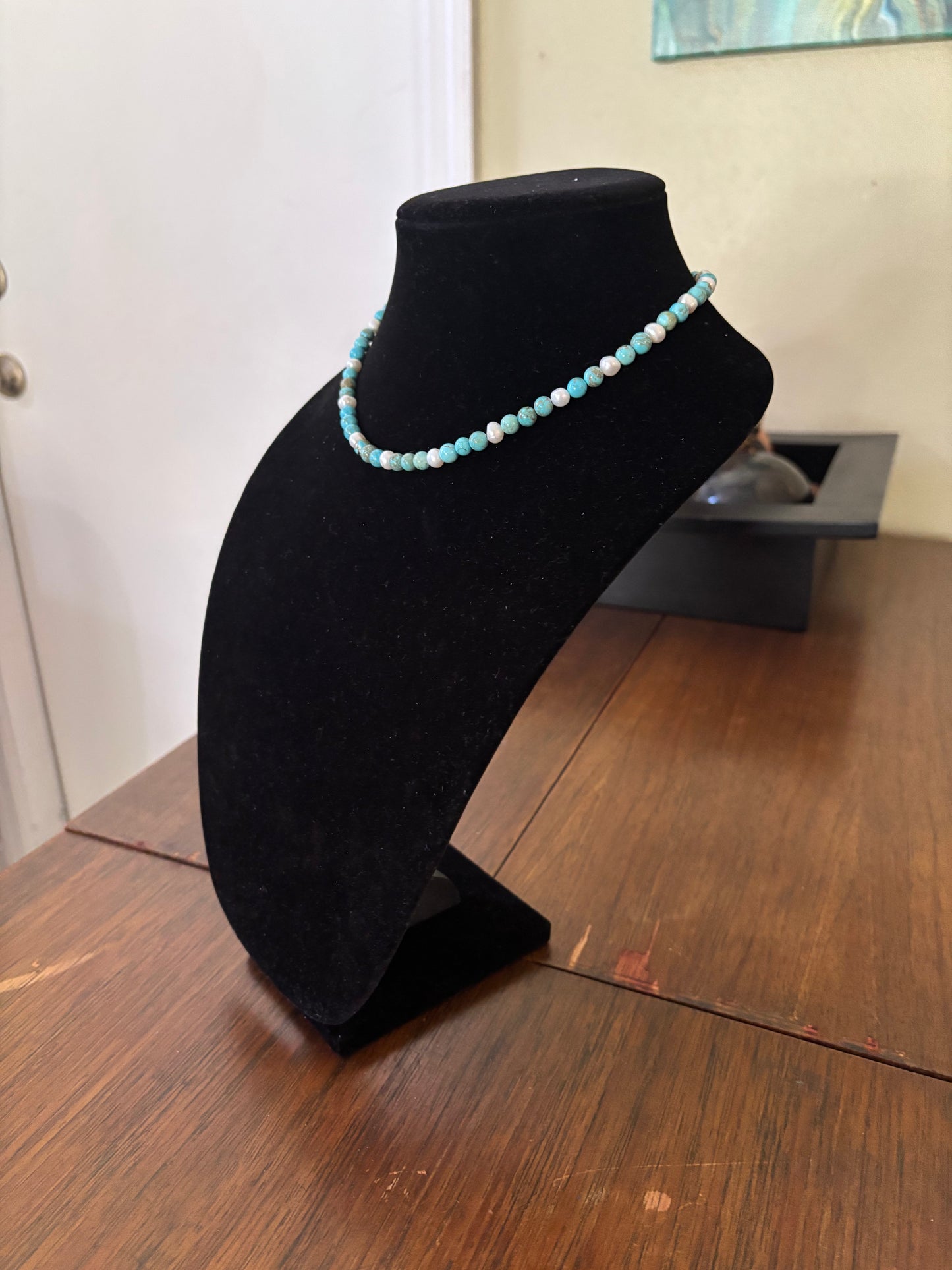 16” Blue Lone Mountain Turquoise & Freshwater Pearl Necklace