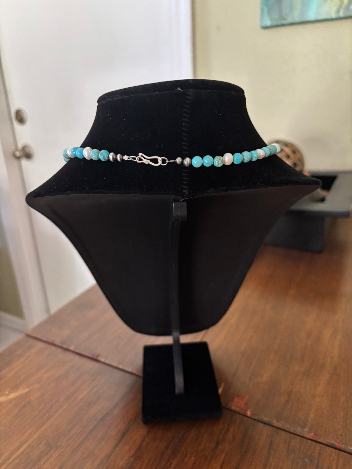 16” Blue Lone Mountain Turquoise & Freshwater Pearl Necklace