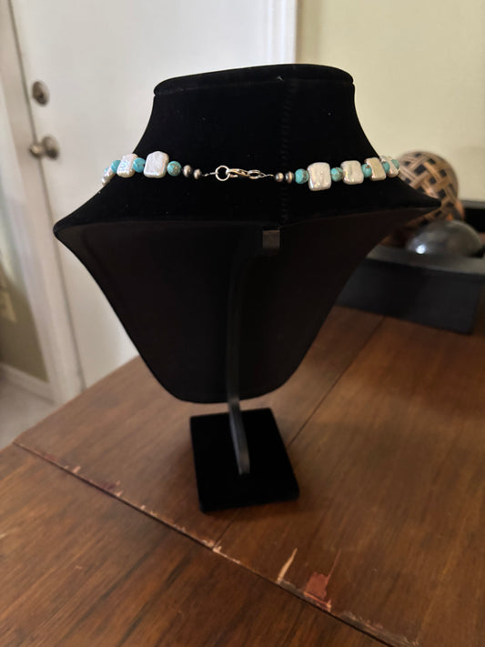 19” Blue Lone Mountain Turquoise & Freshwater Pearl “Chiclet” Necklace
