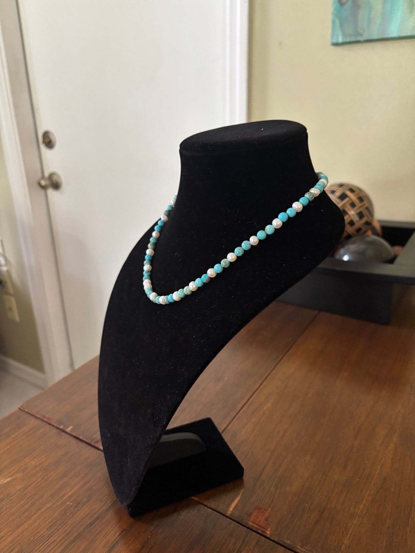 18” Blue Lone Mountain Turquoise & Freshwater Pearl Necklace