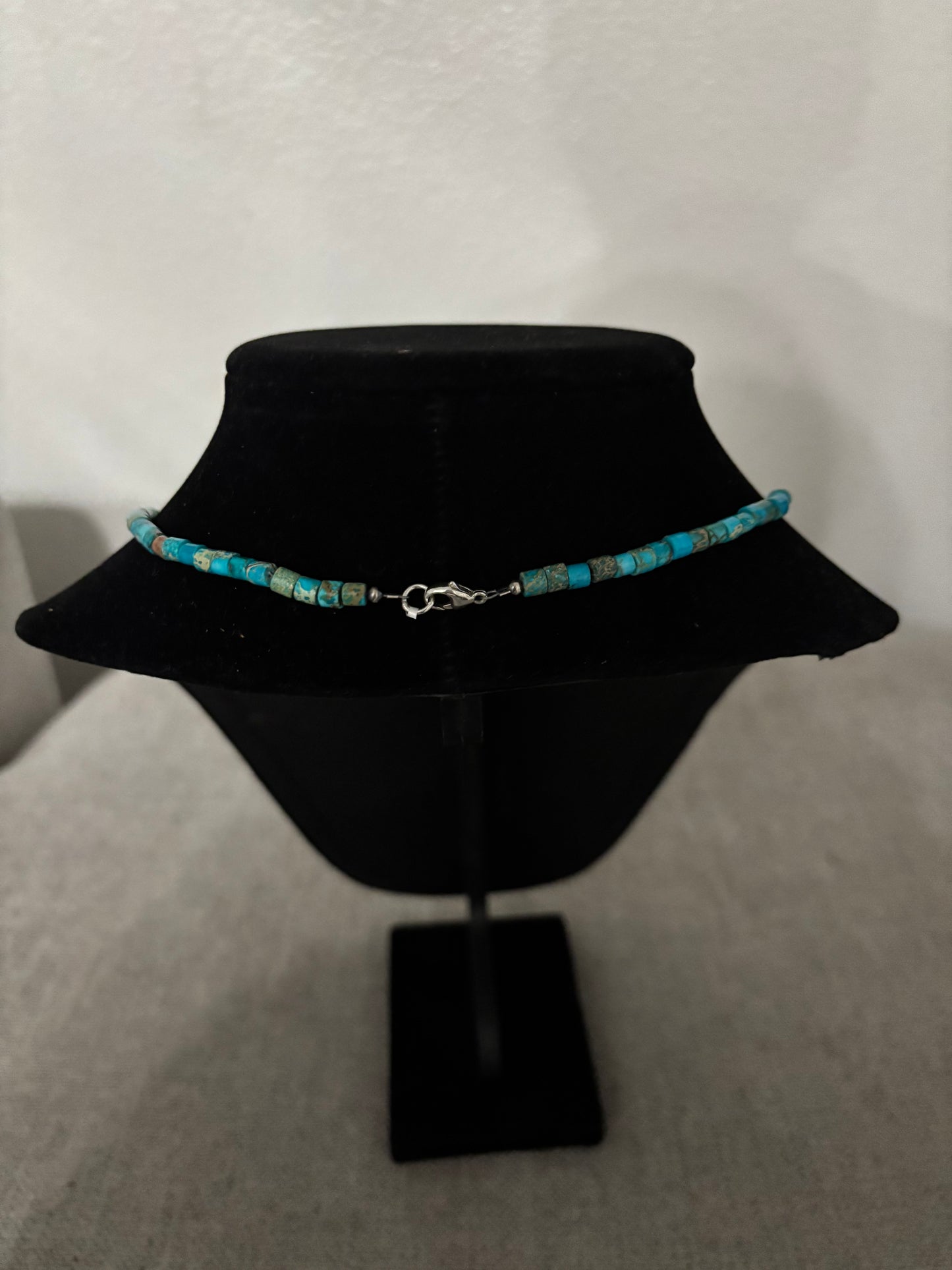 Campitos Turquoise Heishi Necklace with Sterling Silver Pearl Center, 5mm, 16", Turquoise Mustang
