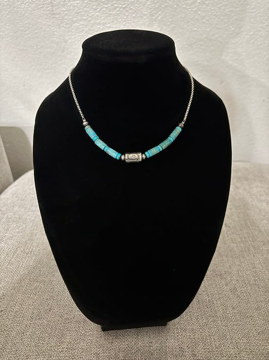 Turquoise Composite Tube Bead Necklace with Heishi Spacers, 16", Turquoise Mustang