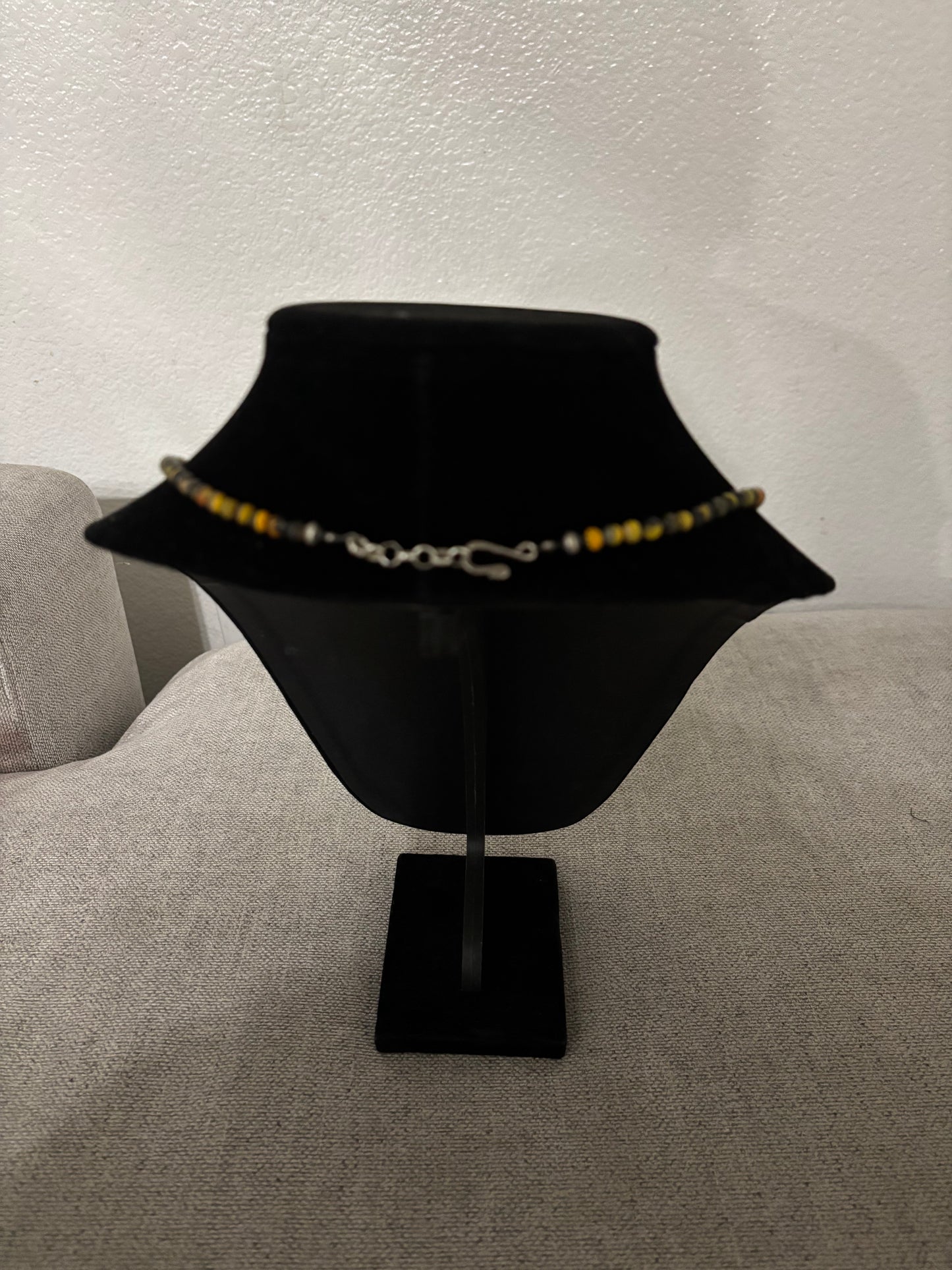 Bumblebee Jasper Round Bead Necklace with Silver Pearl Ends, 5mm, 18", Turquoise Mustang