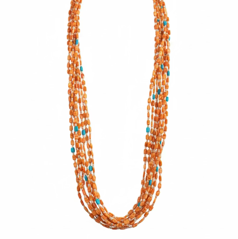 Eight-Strand Multi-Stone Necklace with Spiny Oyster, Turquoise and Pen Shell, 30"
