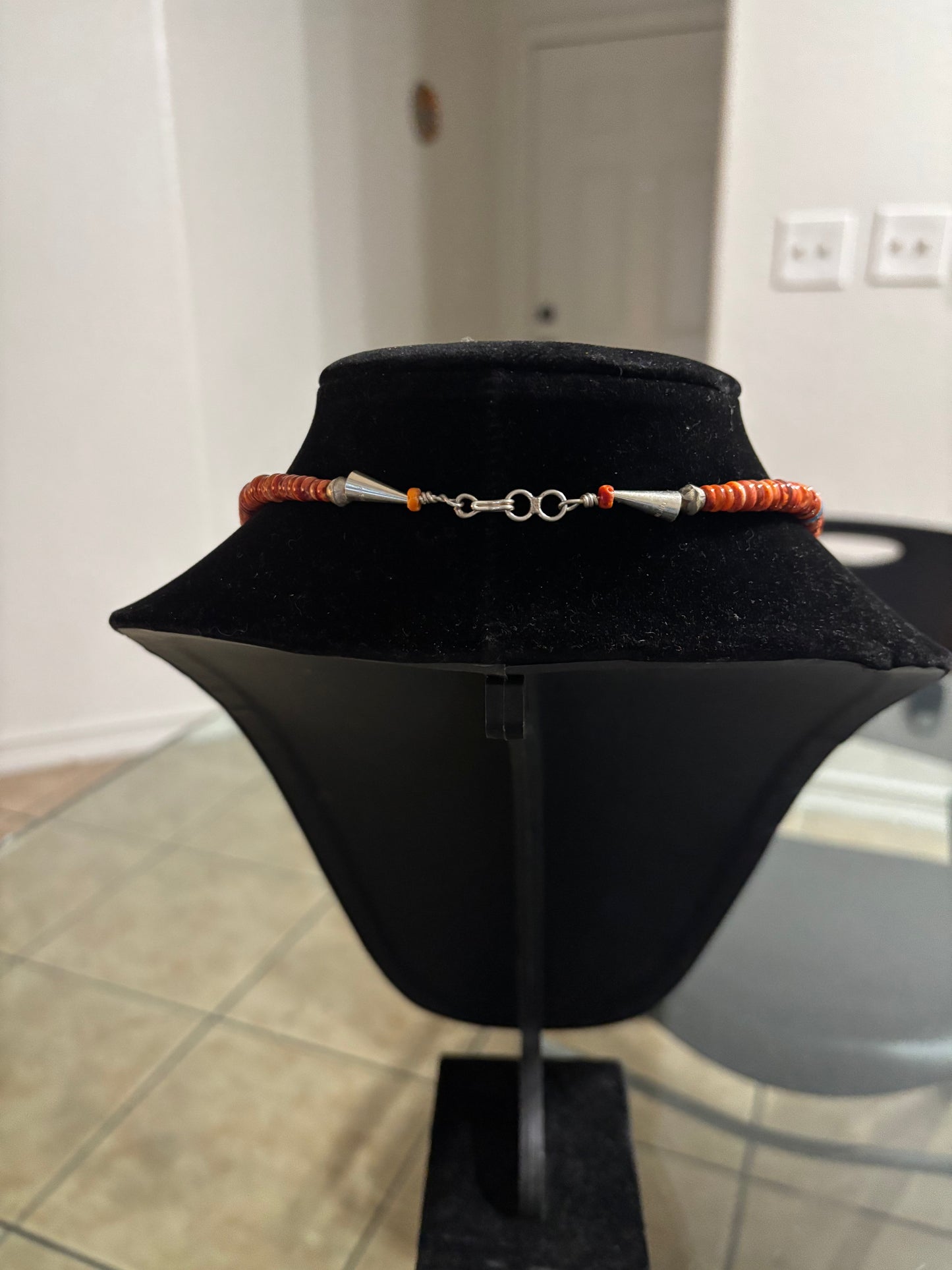Graduated Orange Spiny Oyster Heishi Necklace with Kingman Turquoise, 25"