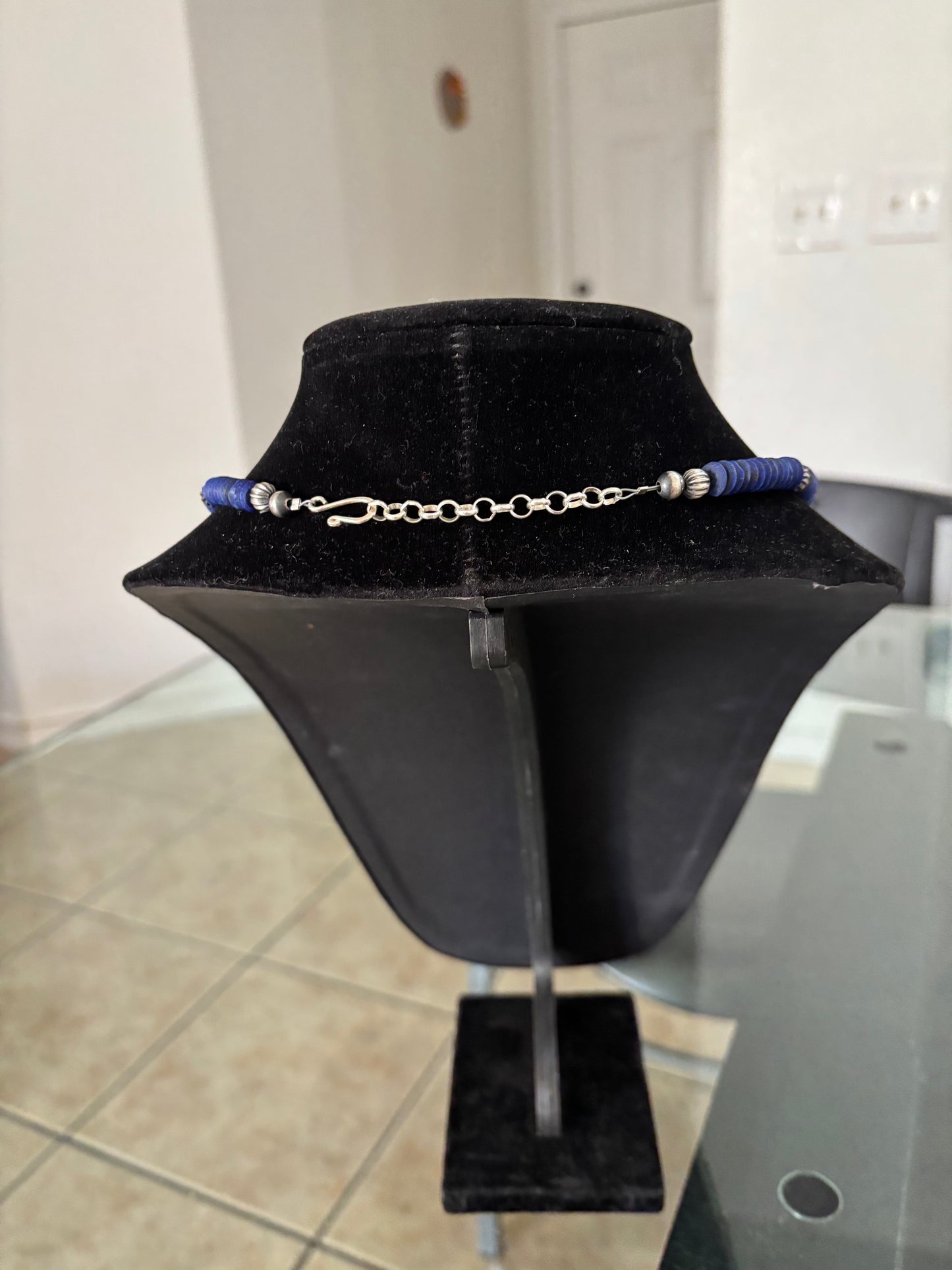 Lapis Lazuli Necklace with Sterling Silver Pumpkin Beads, 20", Turquoise Mustang
